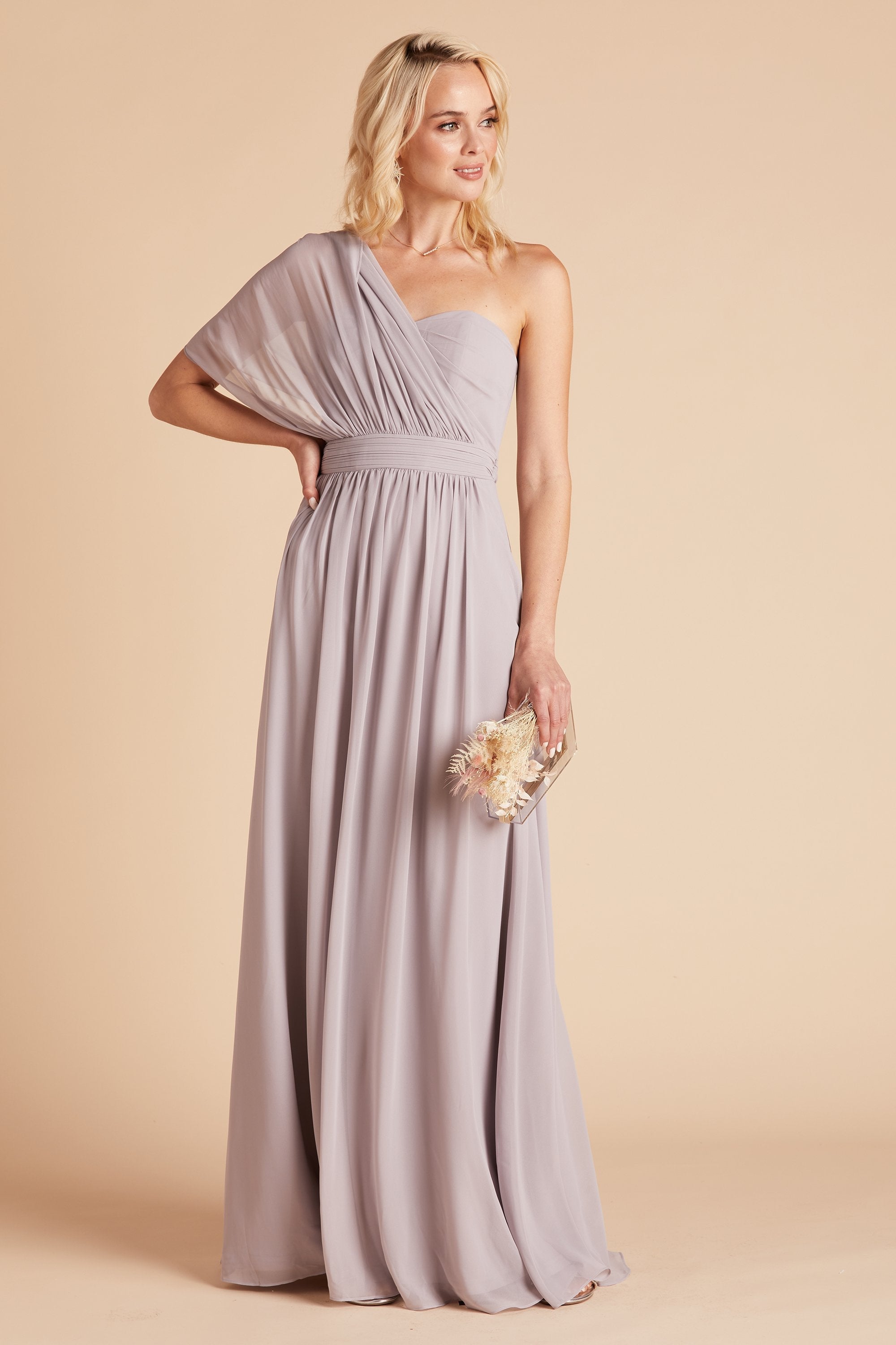 Grace convertible bridesmaid dress in lilac purple chiffon by Birdy Grey, front view