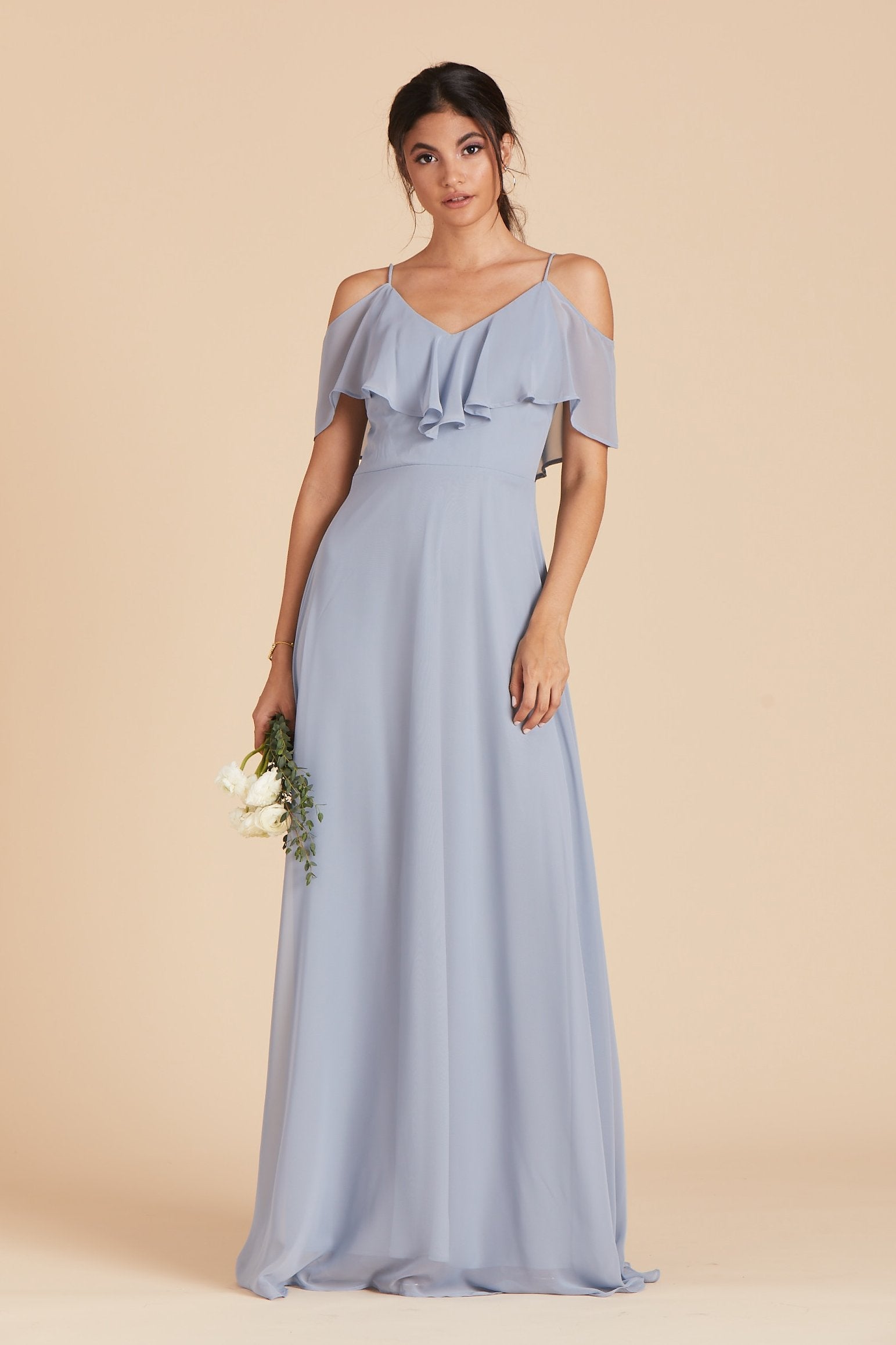 Jane convertible bridesmaid dress in dusty blue chiffon by Birdy Grey, front view