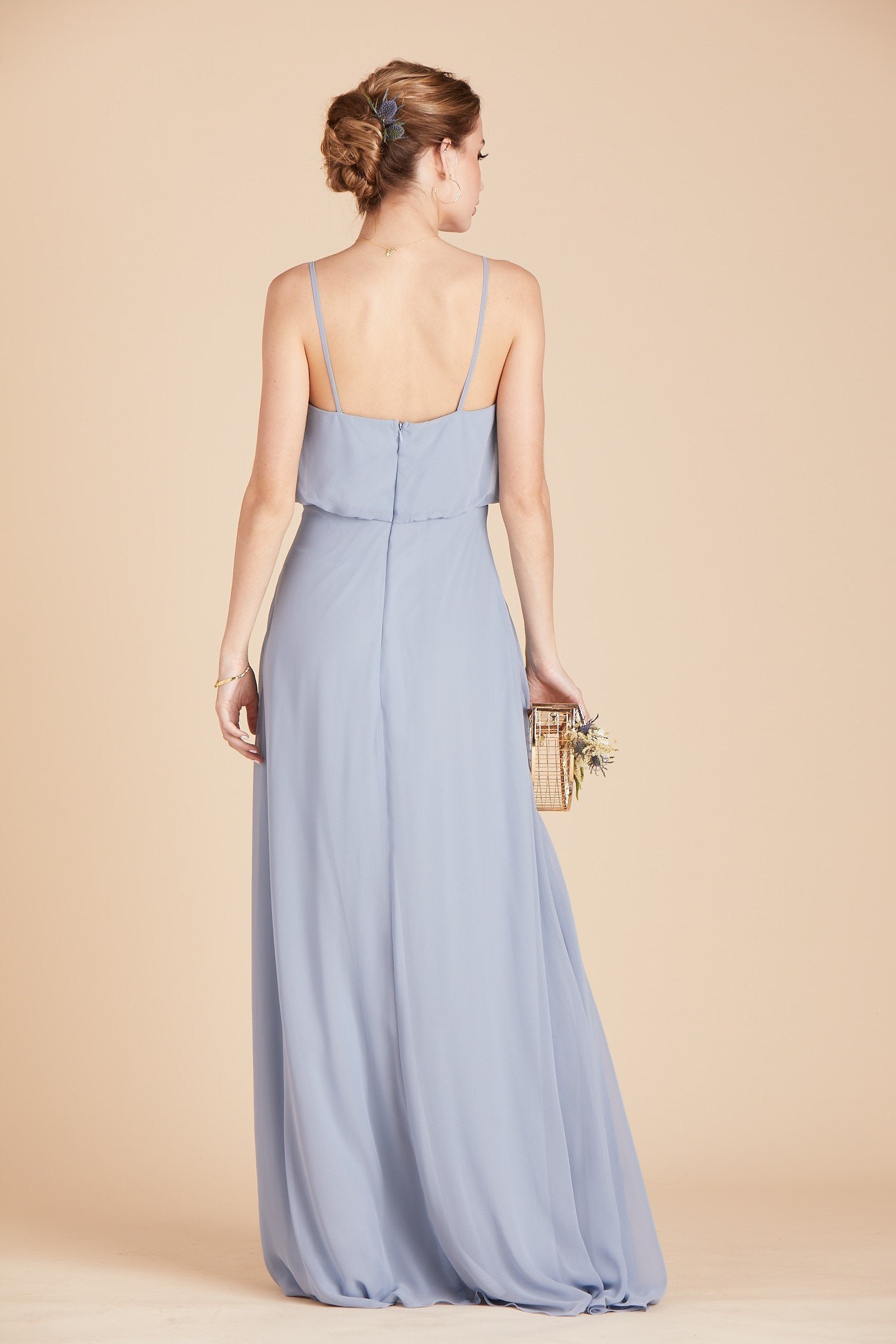 Gwennie bridesmaid dress in dusty blue chiffon by Birdy Grey, back view