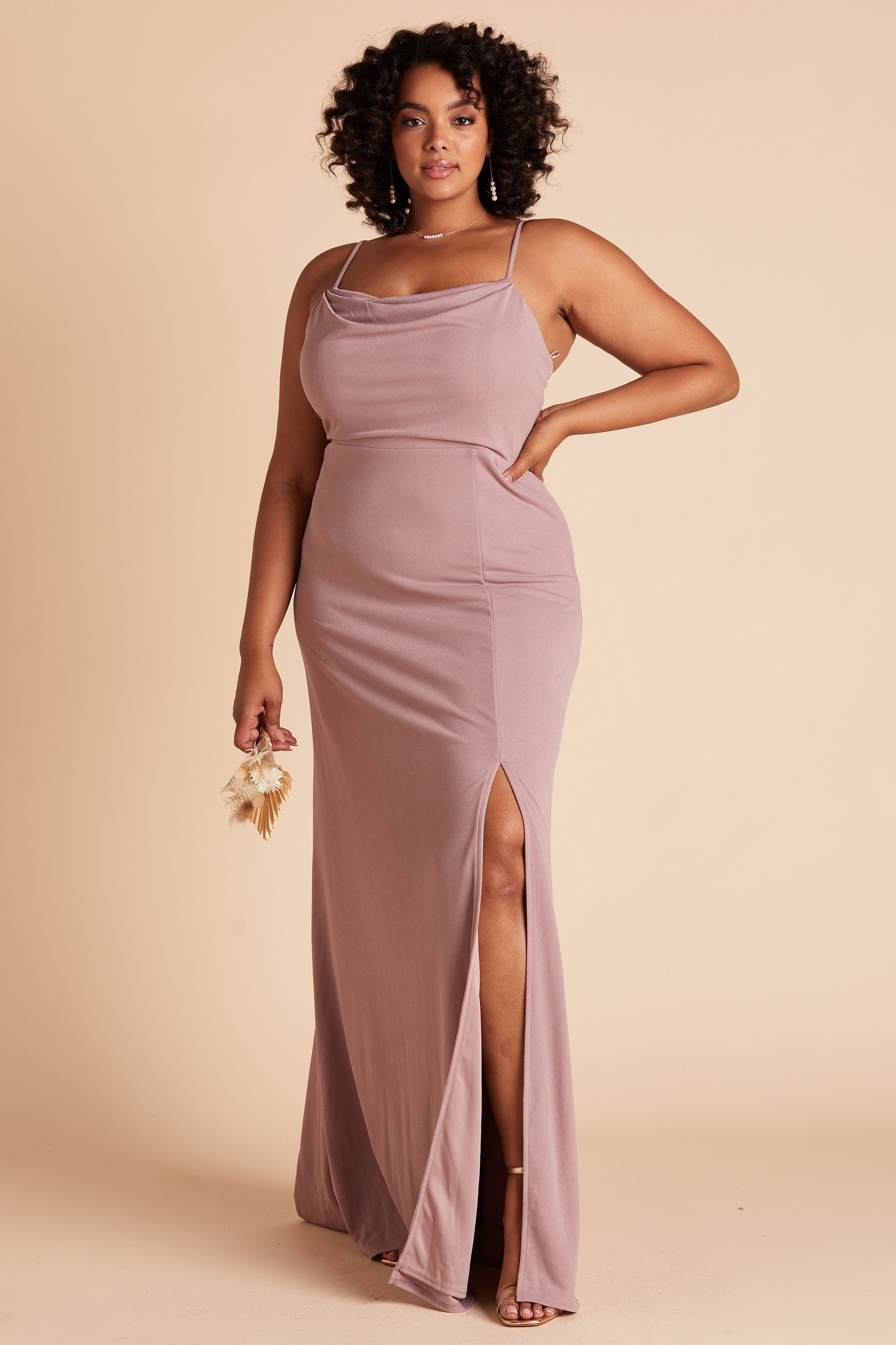 Ash plus size bridesmaid dress with slit in dark mauve crepe by Birdy Grey, front view