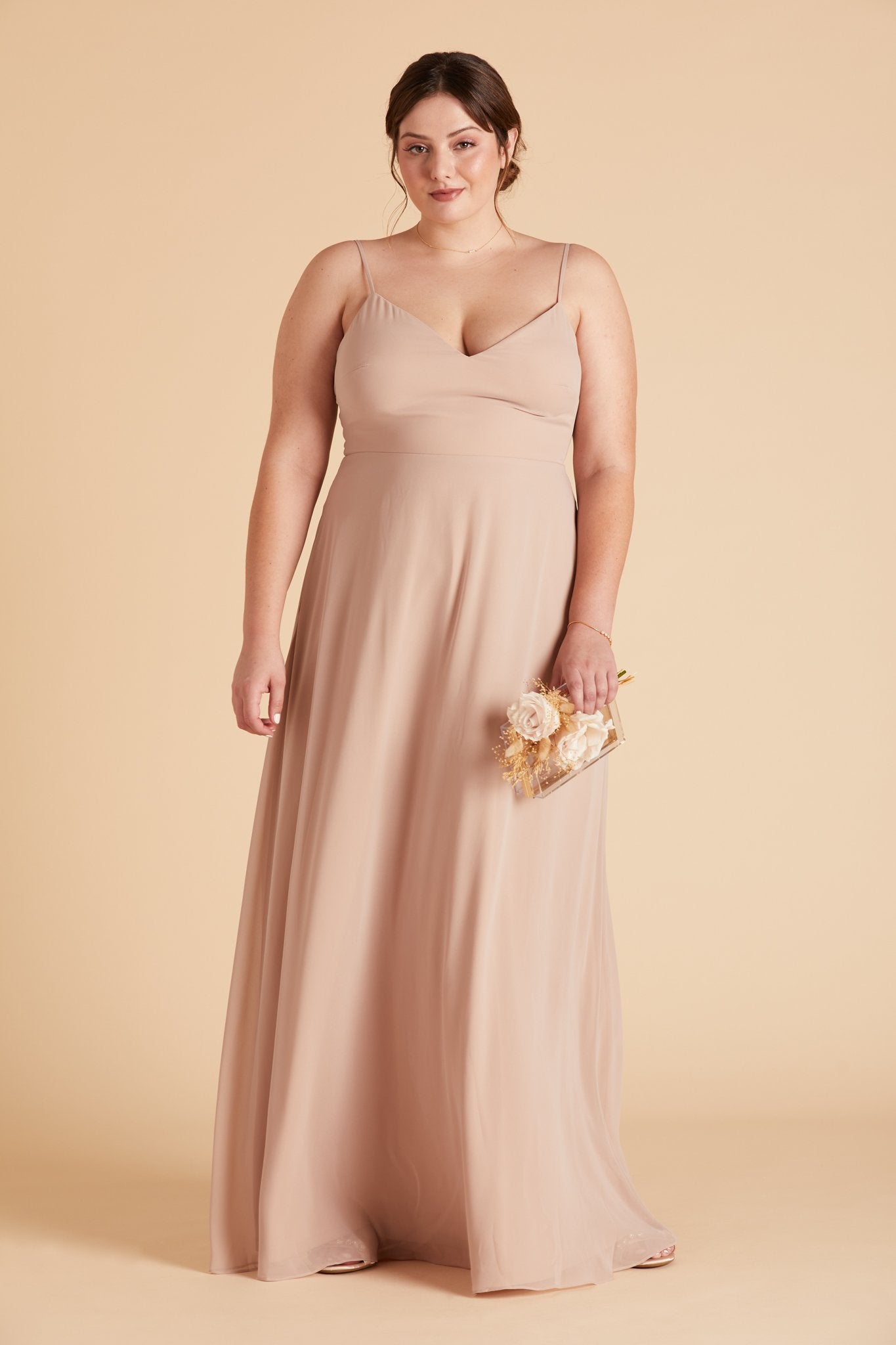 Devin convertible plus size bridesmaids dress in taupe chiffon by Birdy Grey, front view