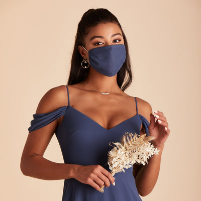 Bridesmaid Face Mask in slate blue chiffon by Birdy Grey, front view