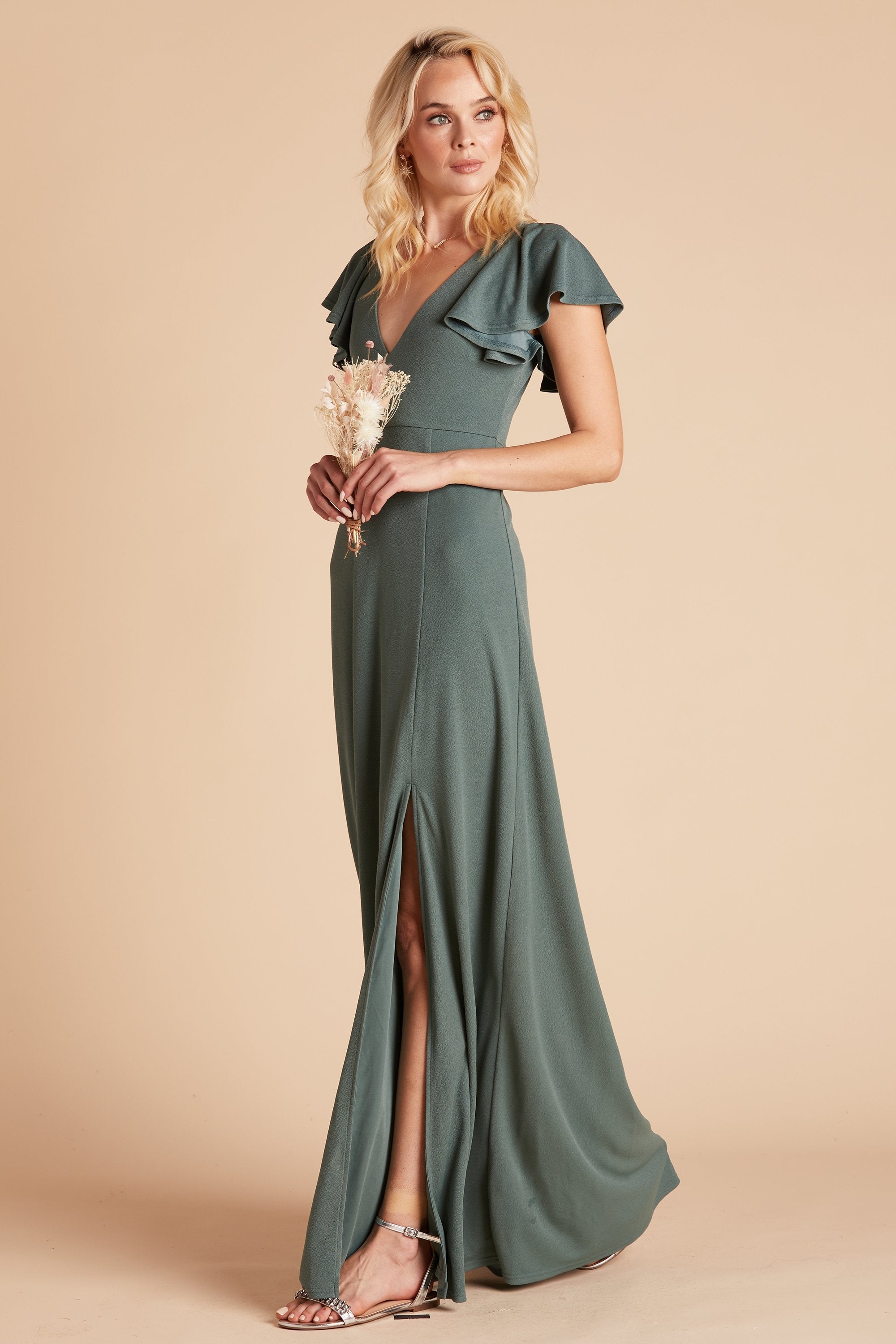 Hannah bridesmaid dress with slit in sea glass crepe by Birdy Grey, side view