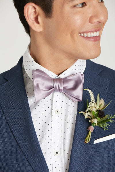 Daniel Bow Tie in dark mauve sateen by Birdy Grey, front view