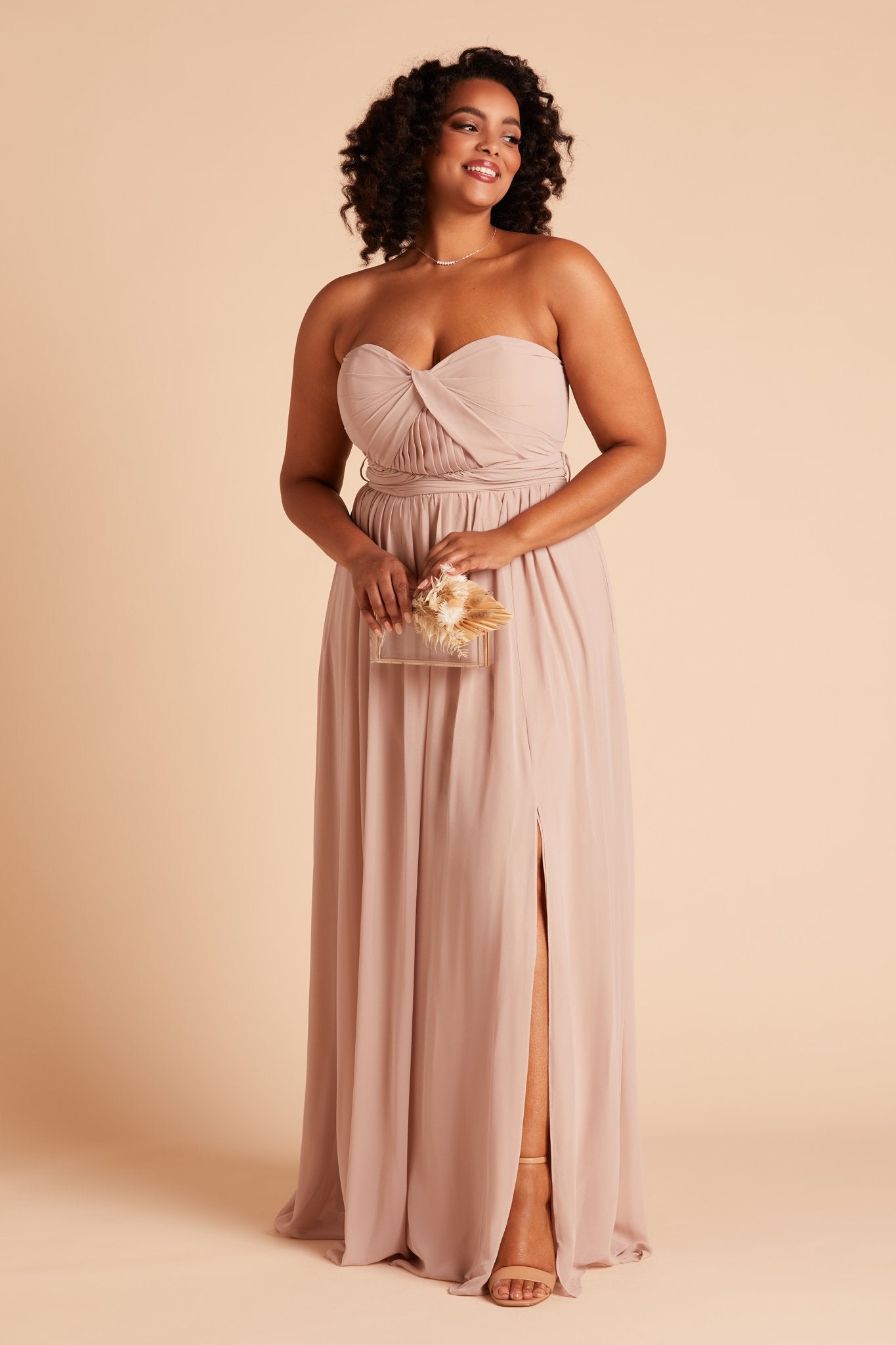 Grace convertible plus size bridesmaid dress with slit in taupe chiffon by Birdy Grey, front view