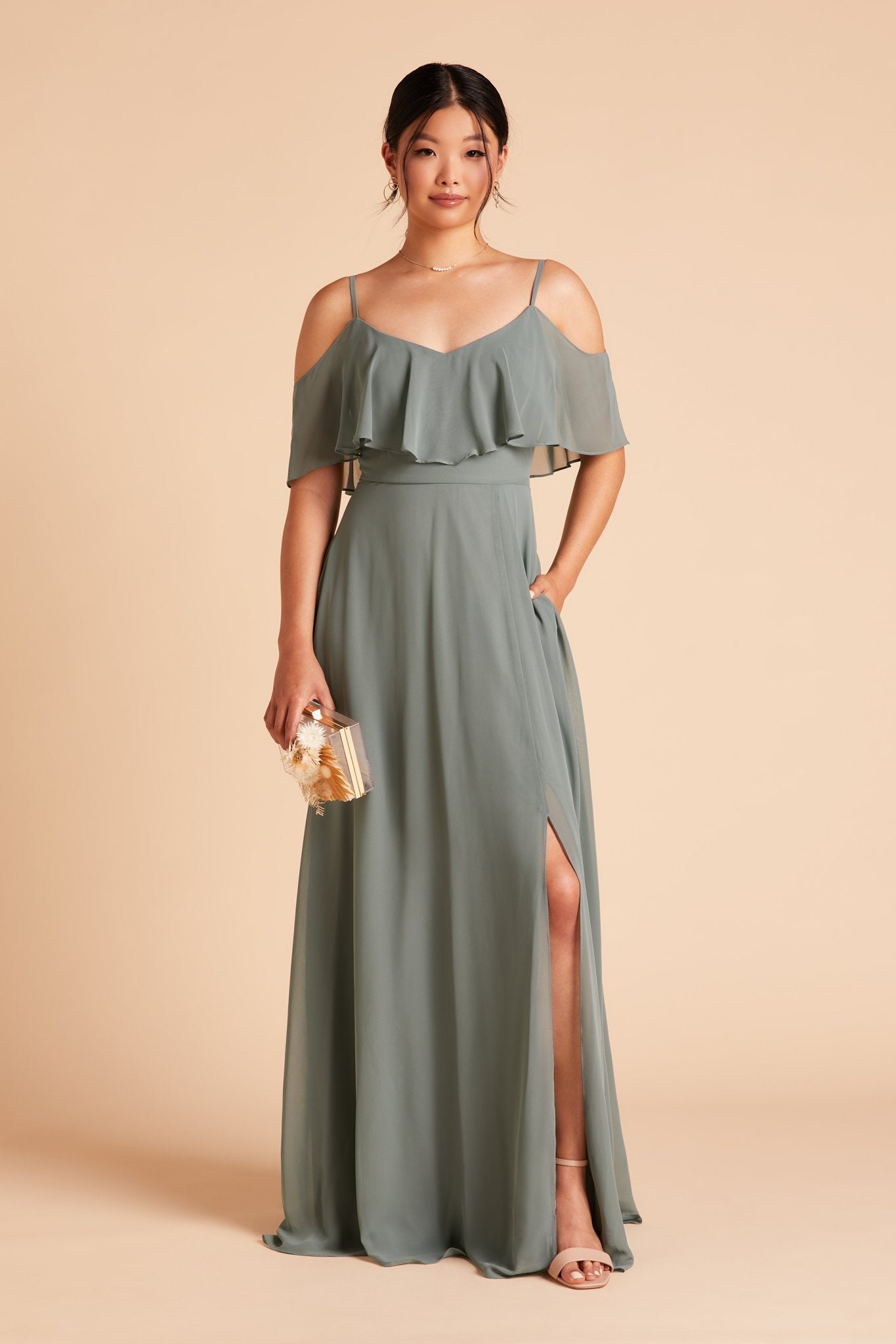 Jane convertible bridesmaid dress with slit in sea glass green chiffon by Birdy Grey, front view