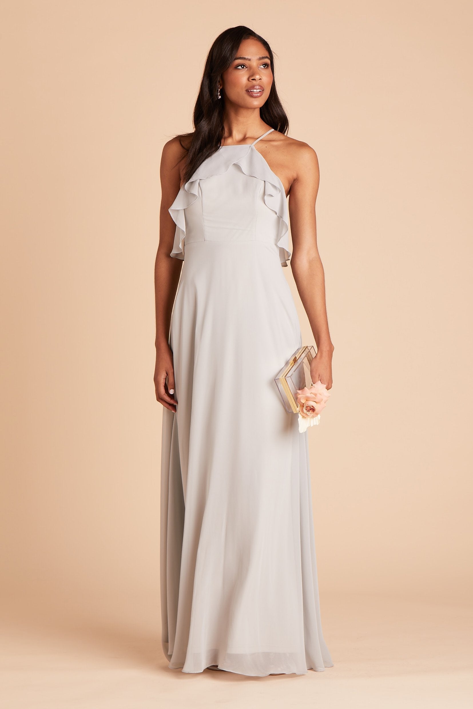 Jules bridesmaid dress in dove gray chiffon by Birdy Grey, front view