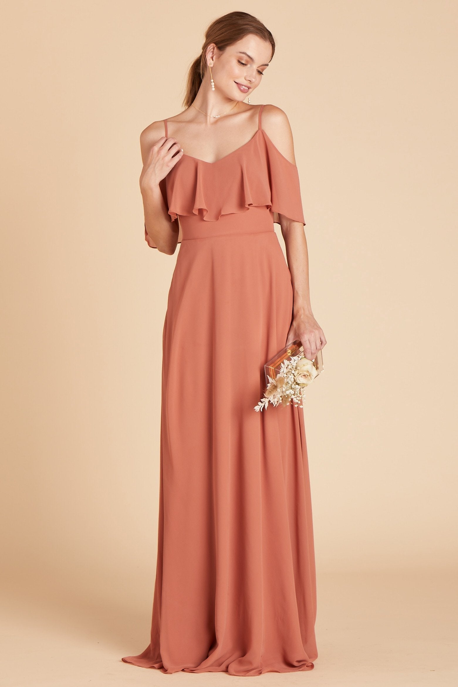 Jane convertible bridesmaid dress in terracotta orange chiffon by Birdy Grey, front view