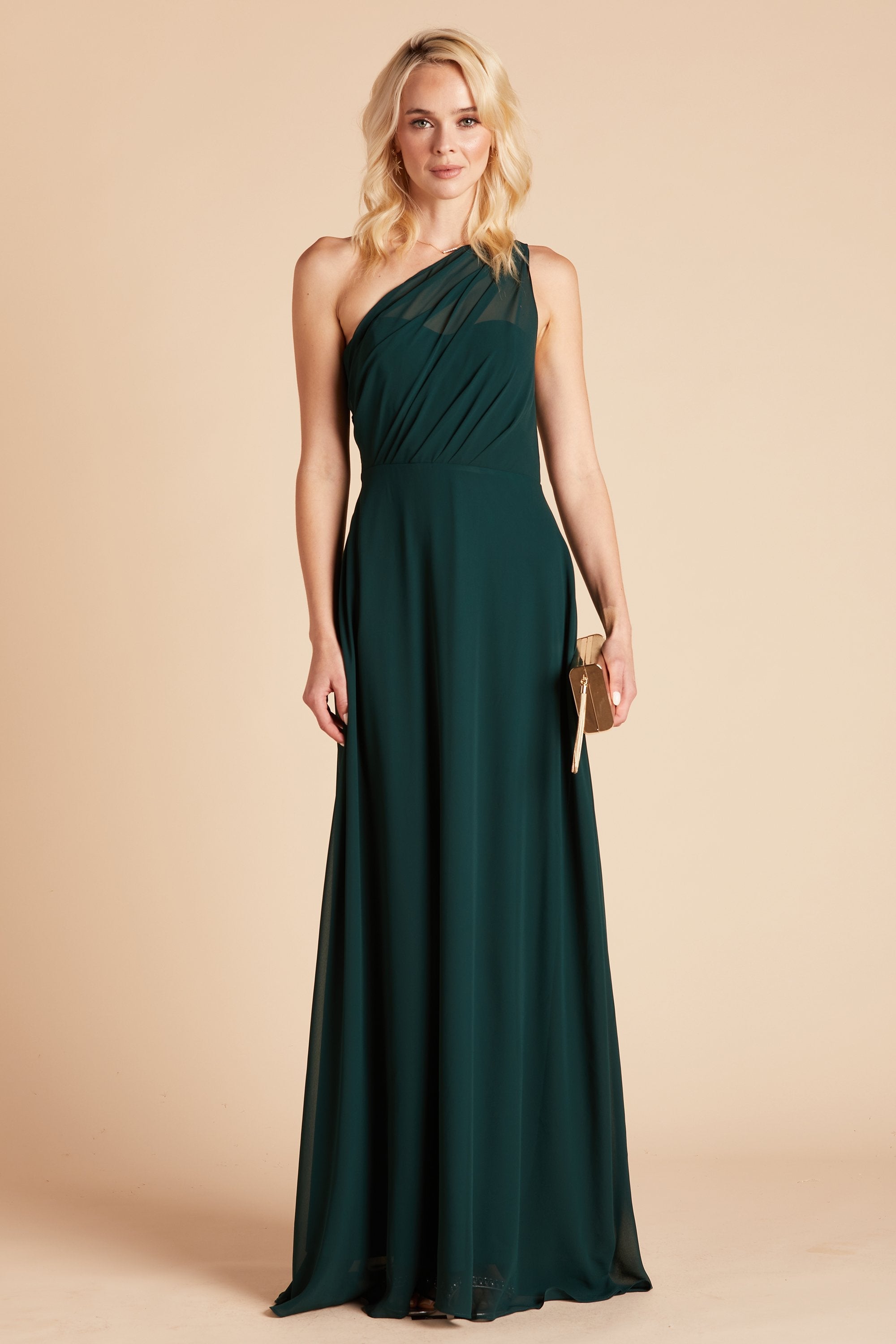 Kira bridesmaid dress in emerald chiffon by Birdy Grey, front view