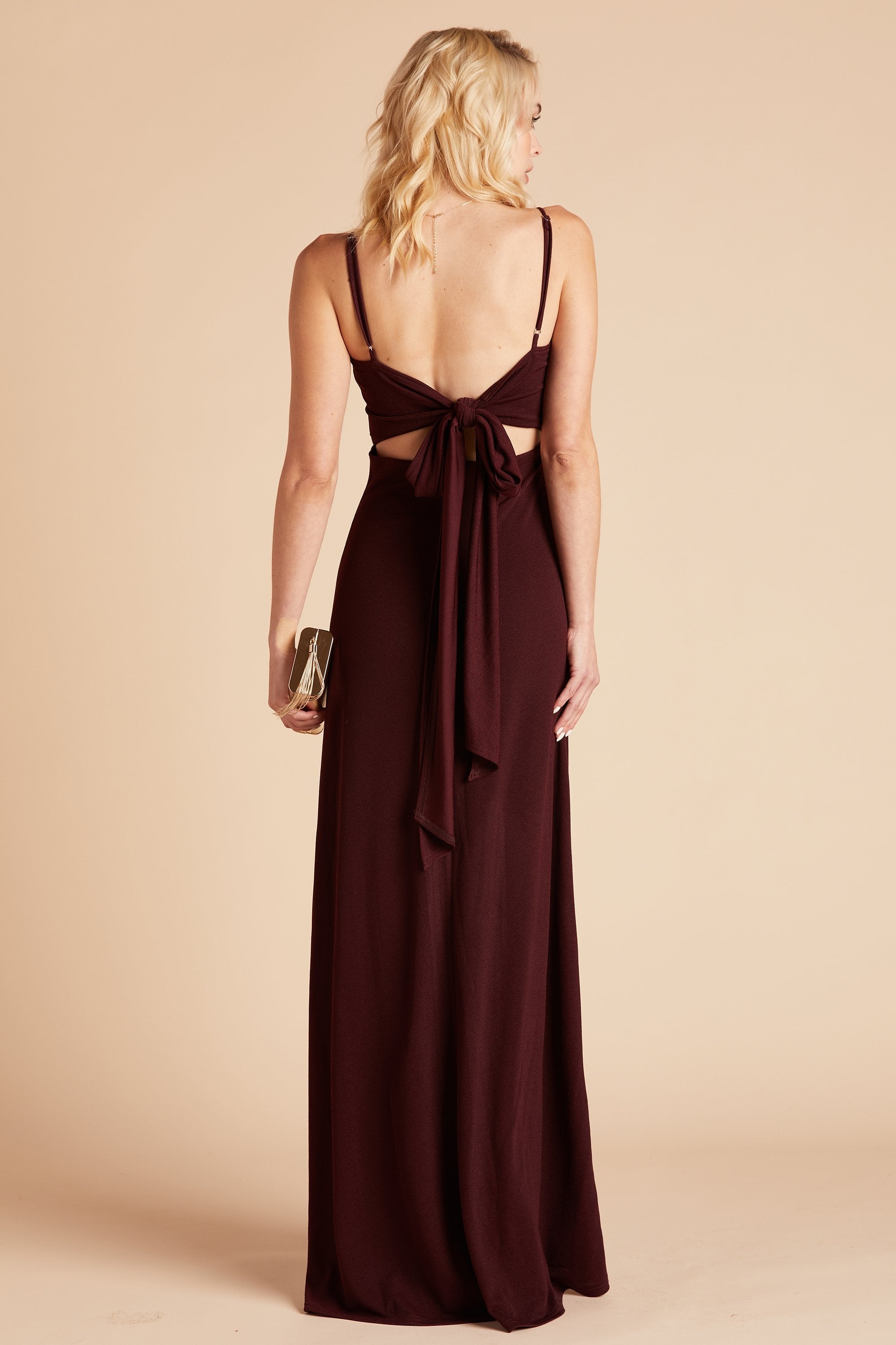 Benny bridesmaid dress in cabernet burgundy crepe by Birdy Grey, back view