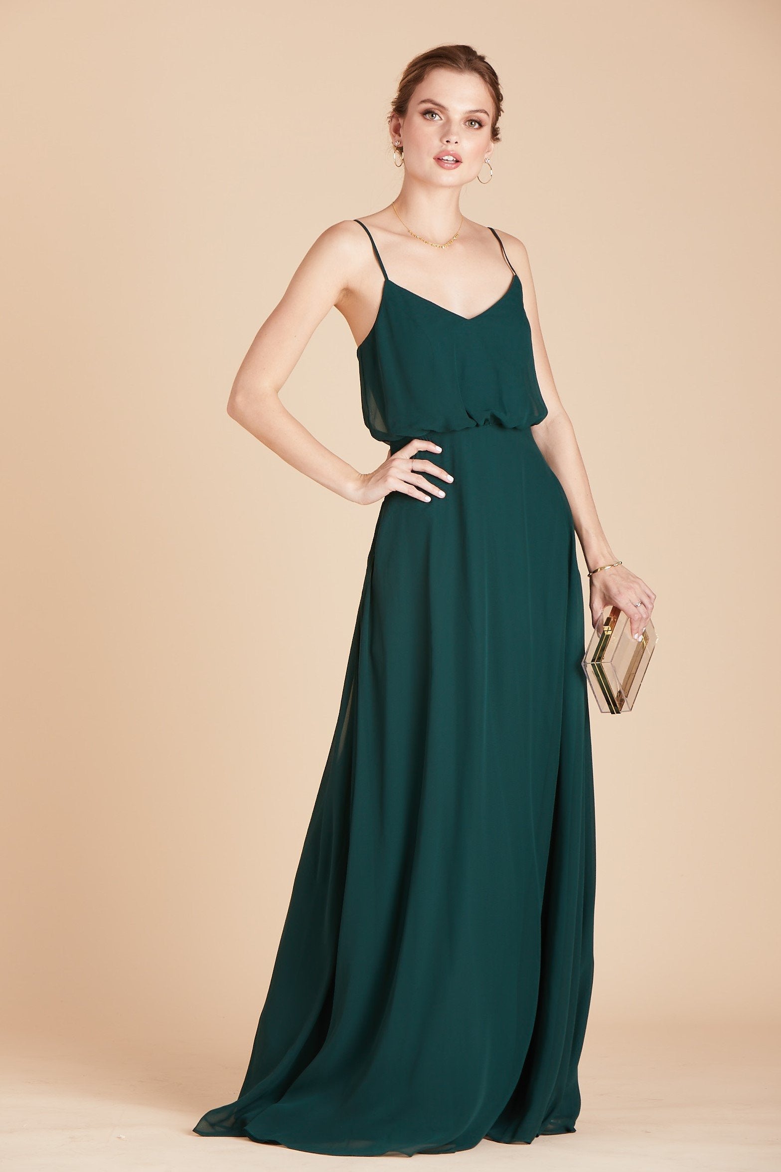 Gwennie bridesmaid dress in emerald green chiffon by Birdy Grey, front view