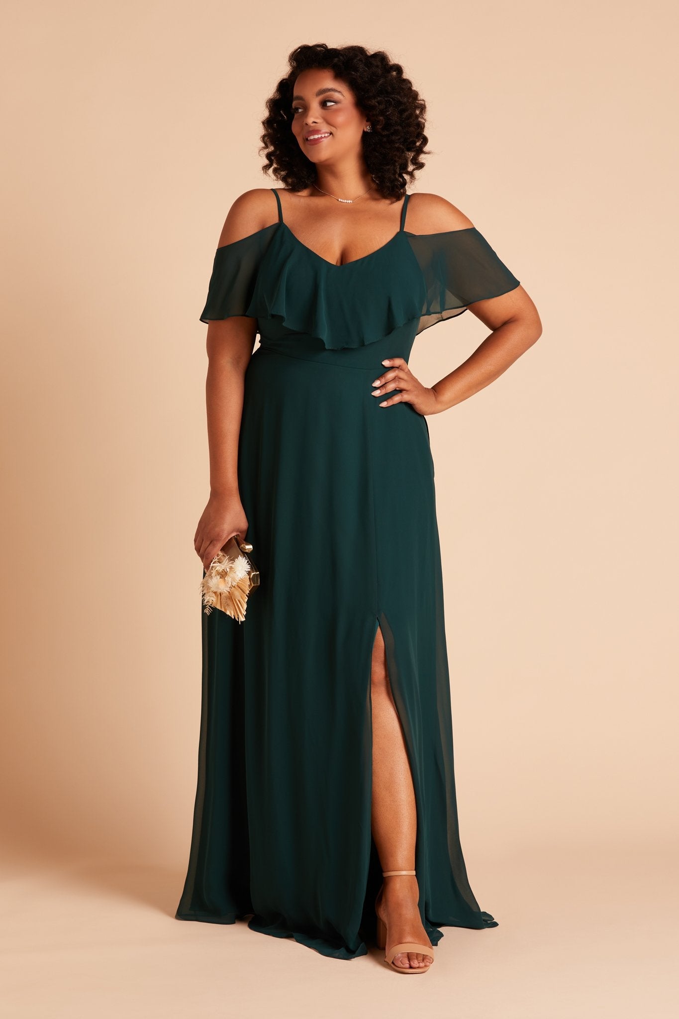 Jane convertible plus size bridesmaid dress with slit in emerald green chiffon by Birdy Grey, front view