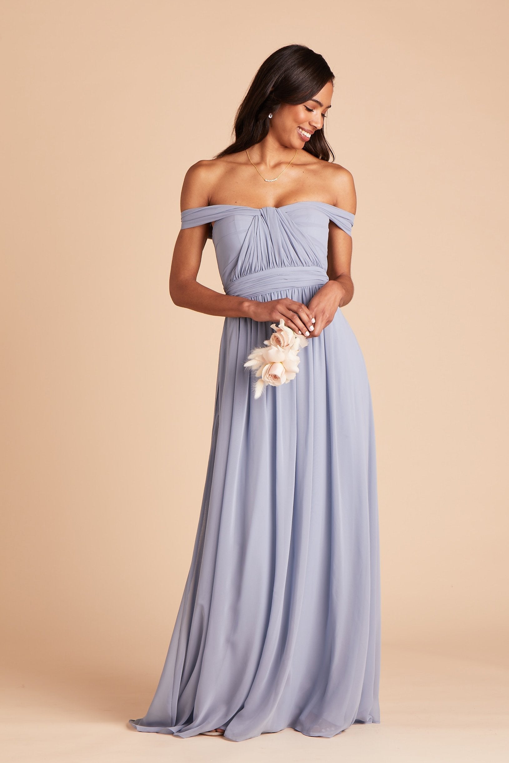 Grace convertible bridesmaid dress in dusty blue chiffon by Birdy Grey, front view