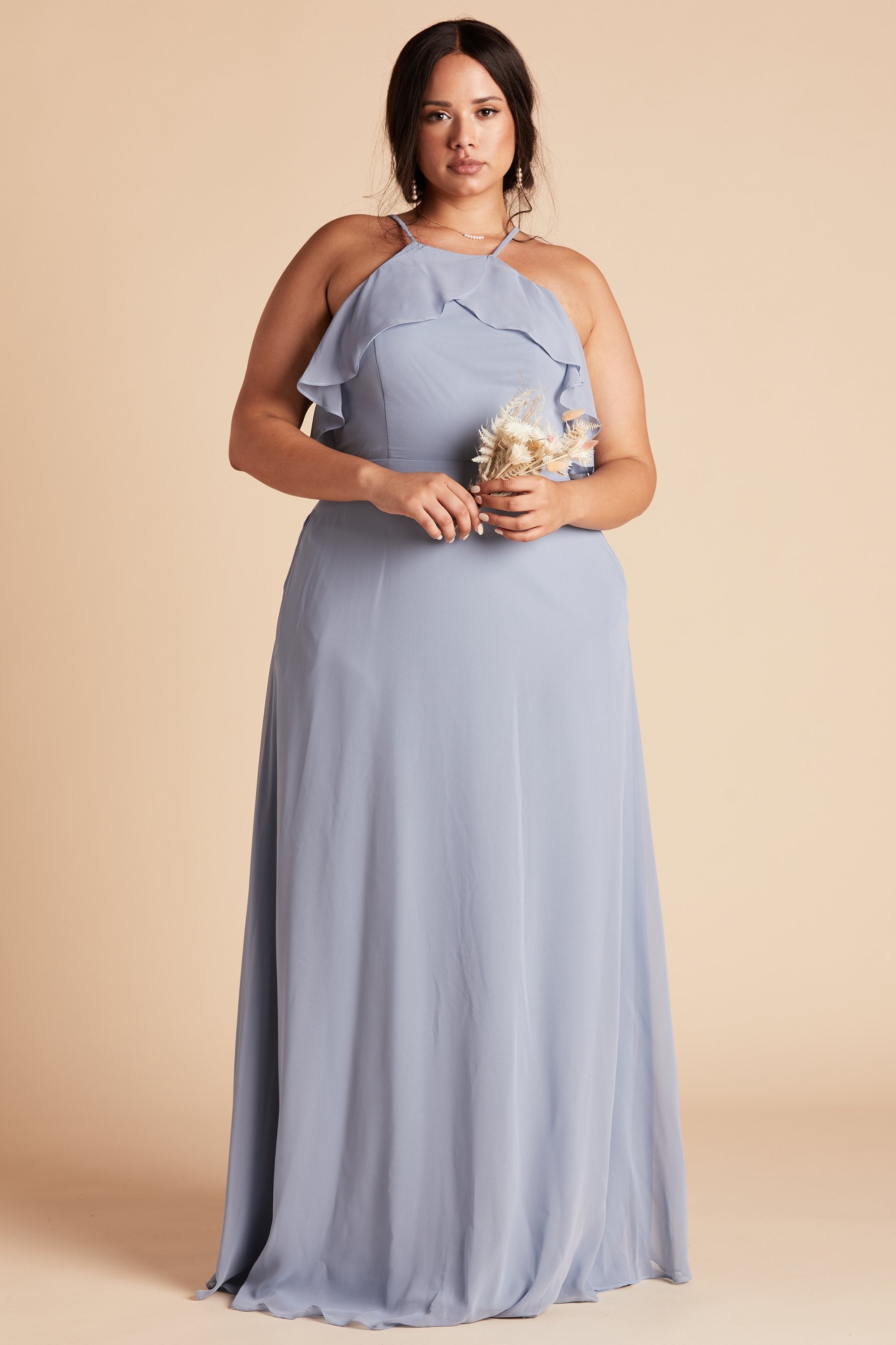 Jules plus size bridesmaid dress in dusty blue chiffon by Birdy Grey, front view