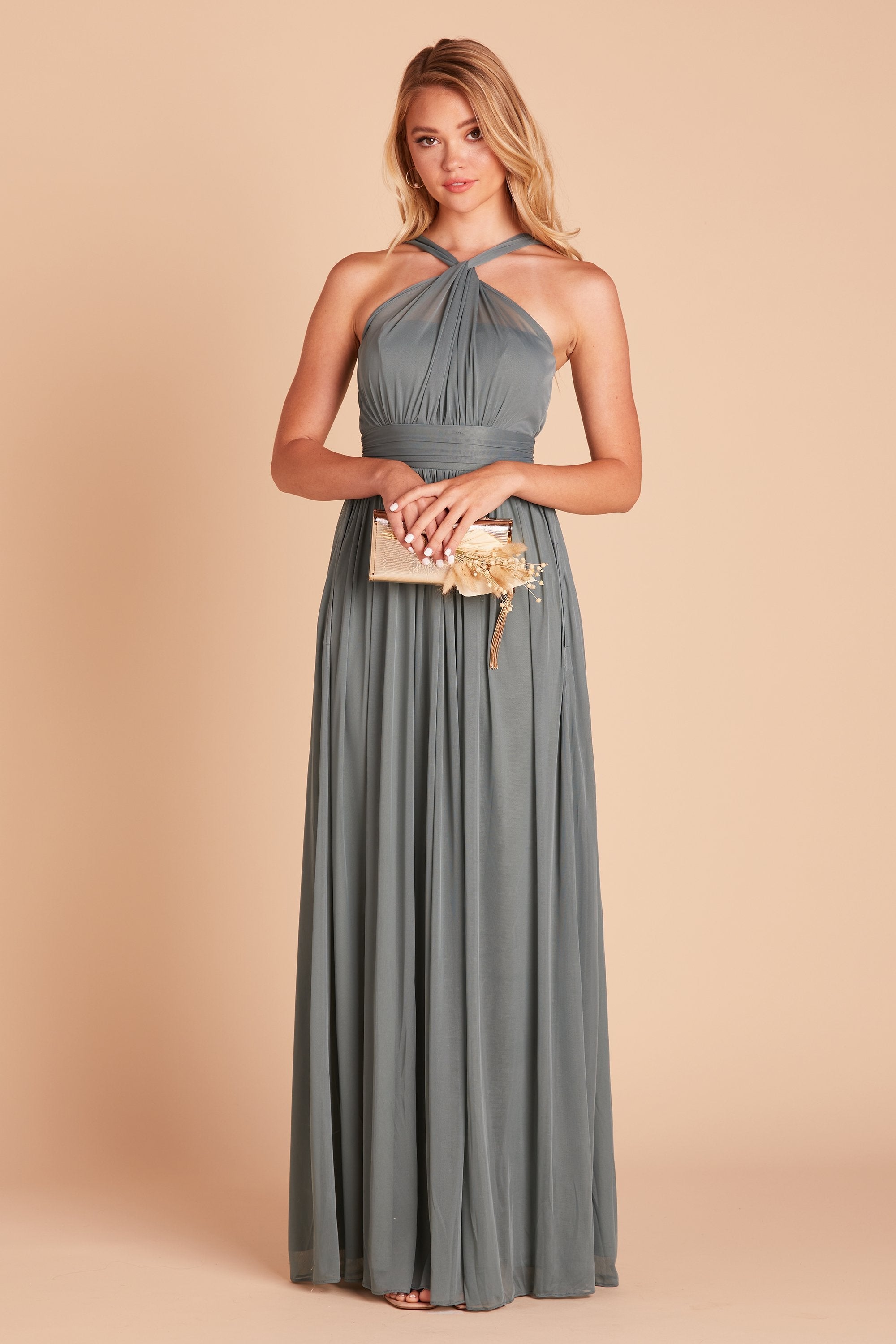 Kiko bridesmaid dress in sea glass green chiffon by Birdy Grey, front view