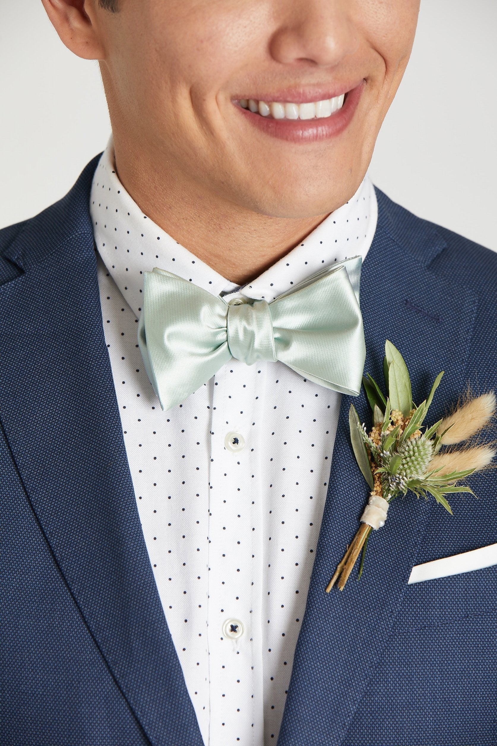 Daniel Bow Tie in sage sateen by Birdy Grey, front view