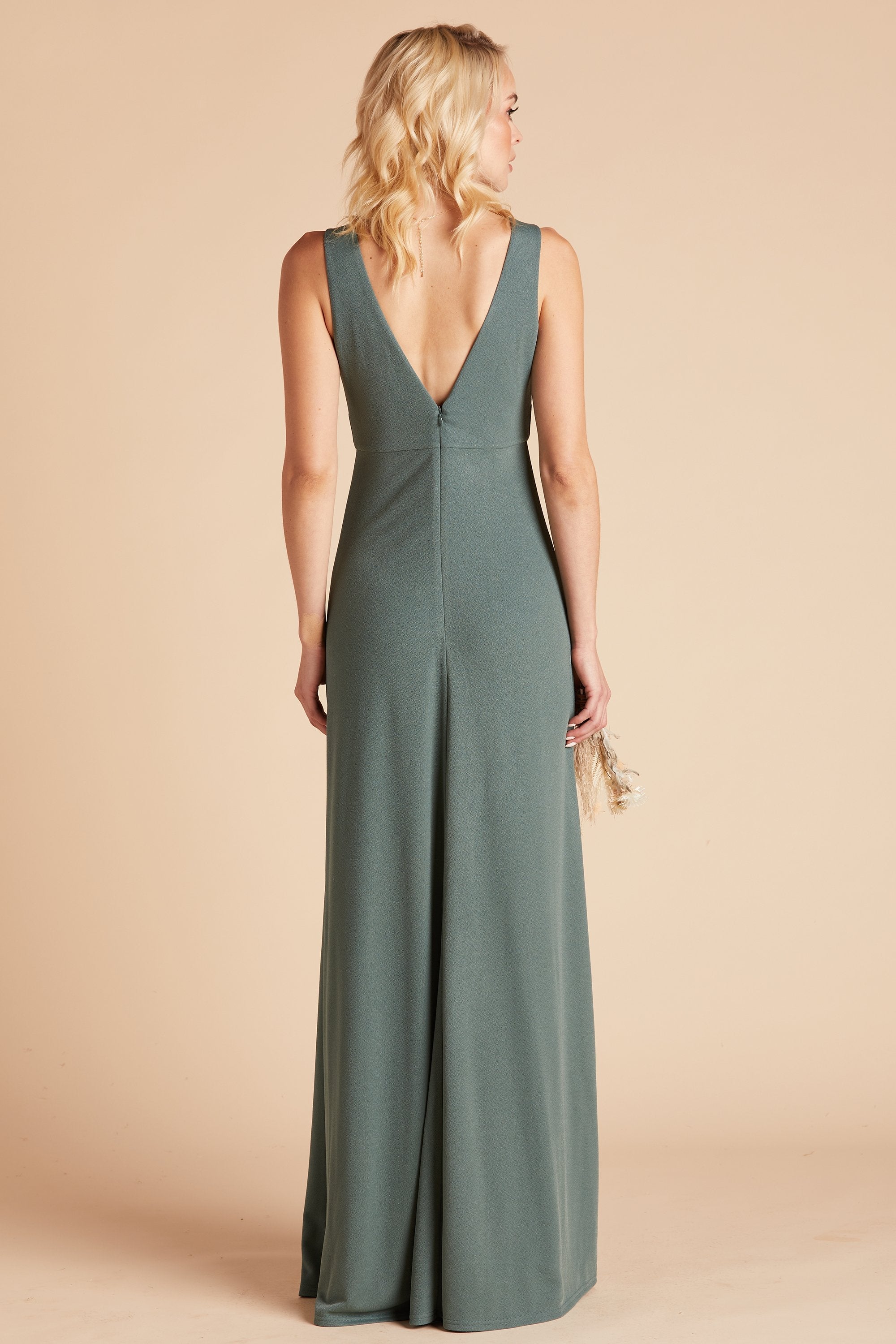 Shamin bridesmaid dress with slit in sea glass green crepe by Birdy Grey, back view