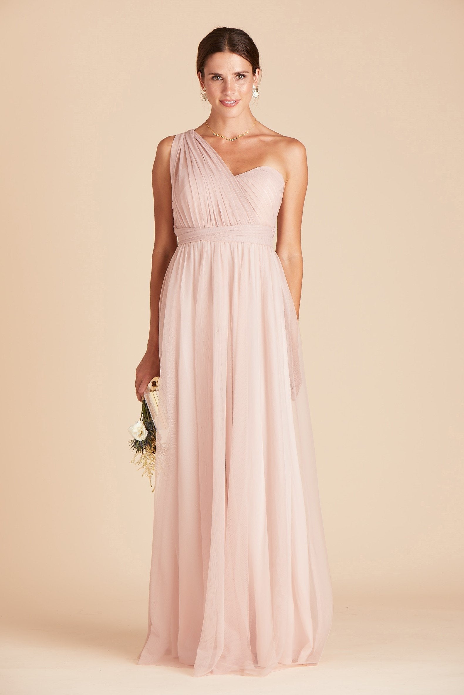 Christina convertible bridesmaid dress in vintage blush tulle by Birdy Grey, front view