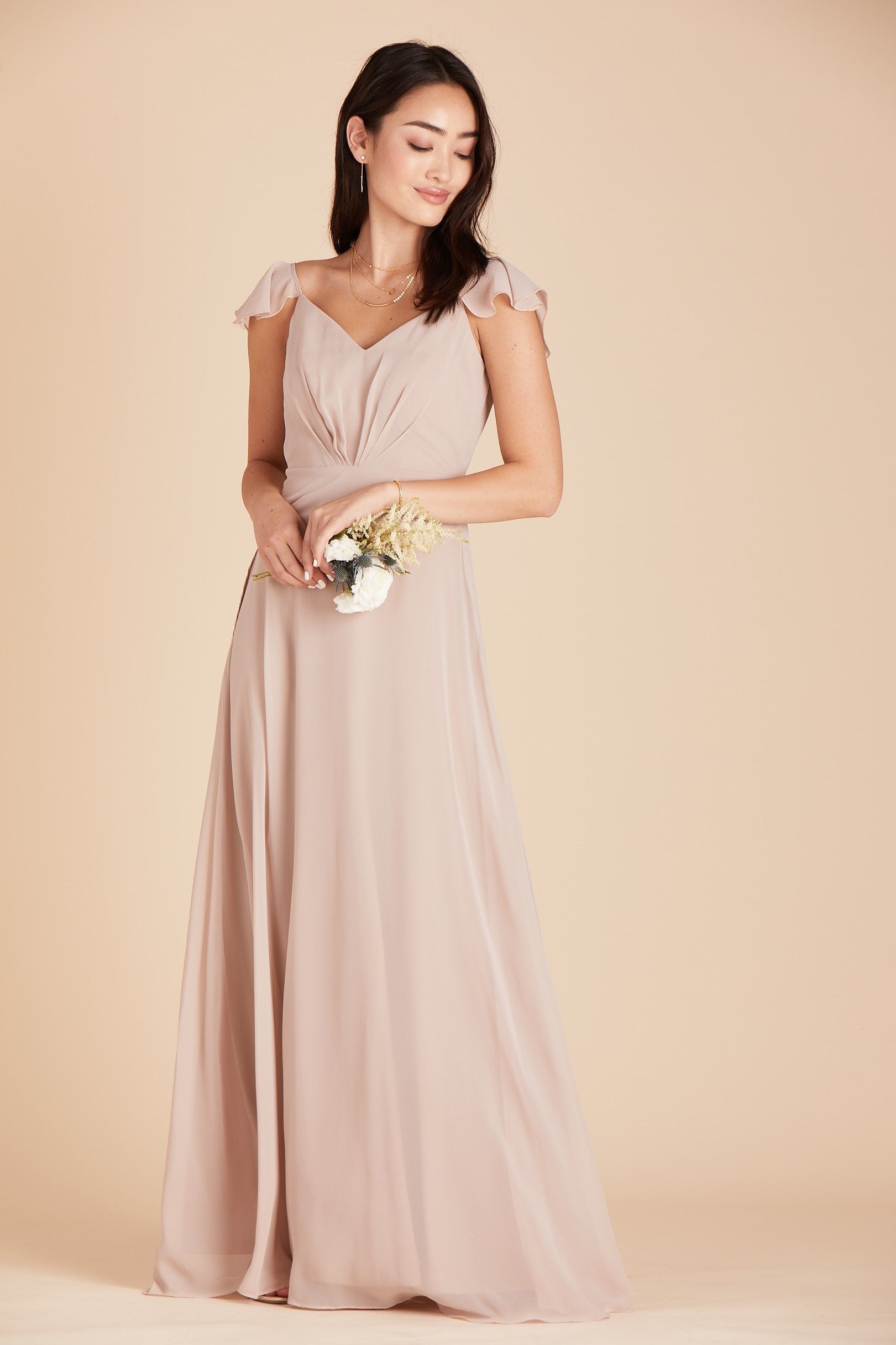 Kae bridesmaids dress in taupe chiffon by Birdy Grey, front view