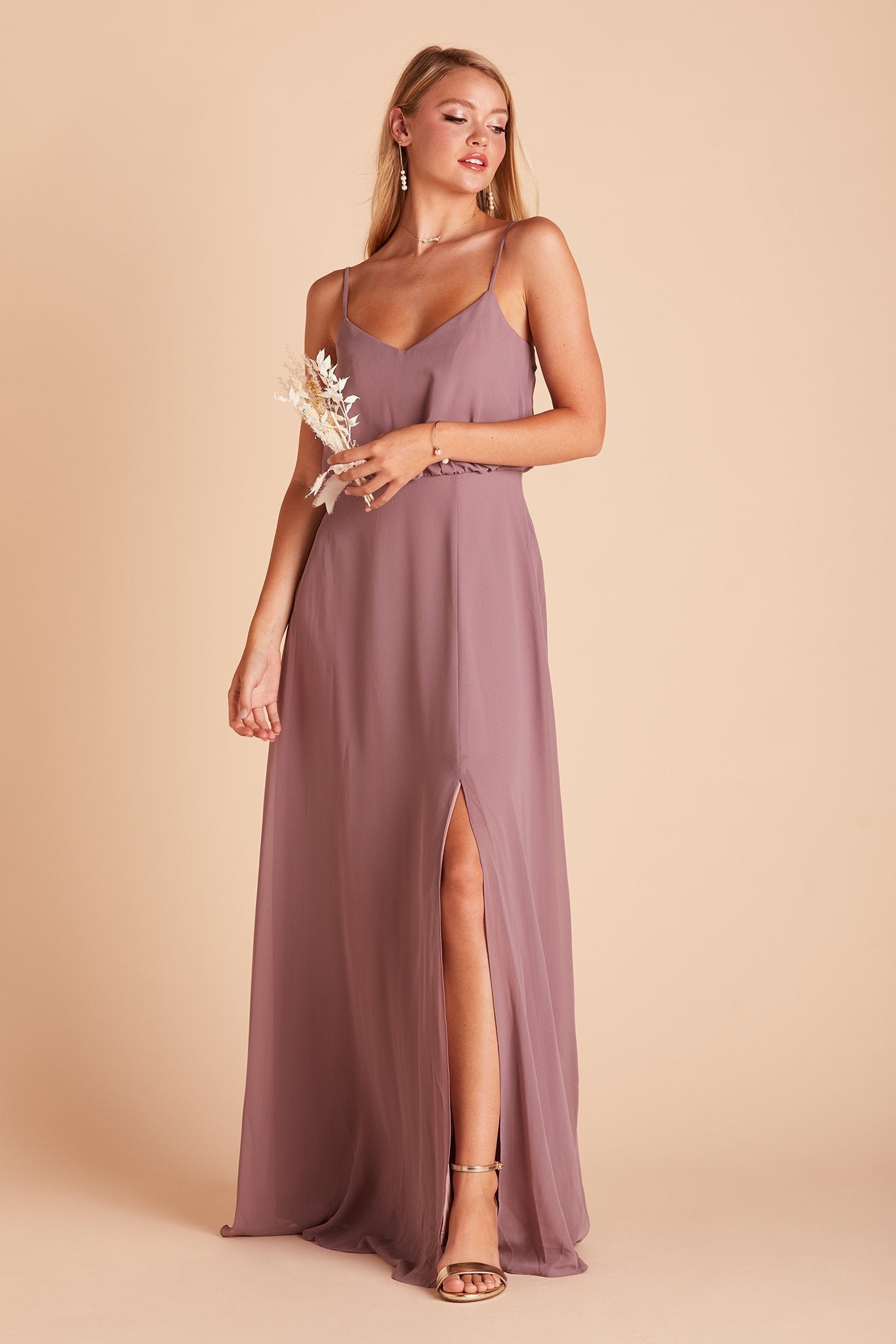 Gwennie bridesmaid dress with slit in dark mauve chiffon by Birdy Grey, front view