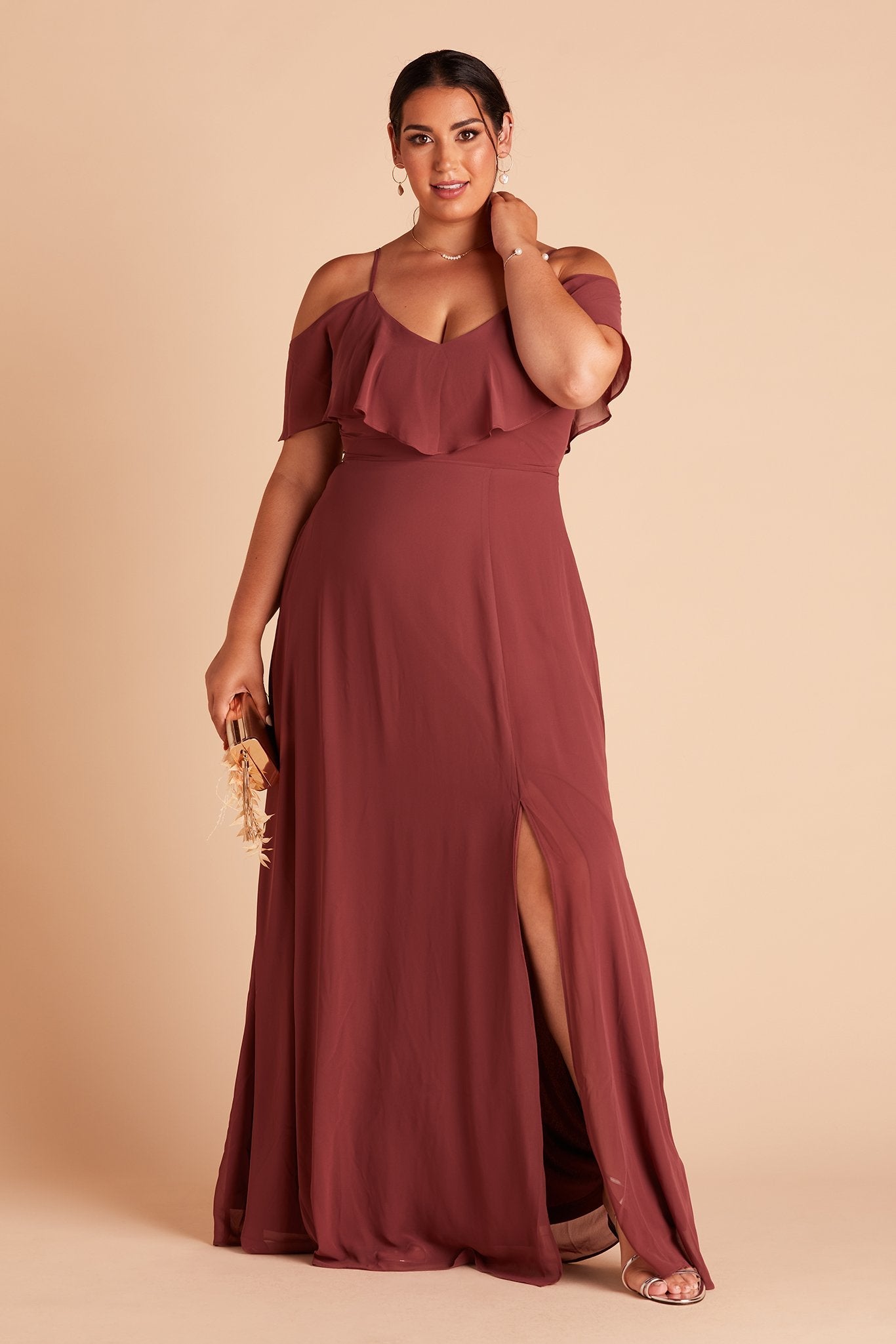 Jane convertible plus size bridesmaid dress with slit in rosewood chiffon by Birdy Grey, front view