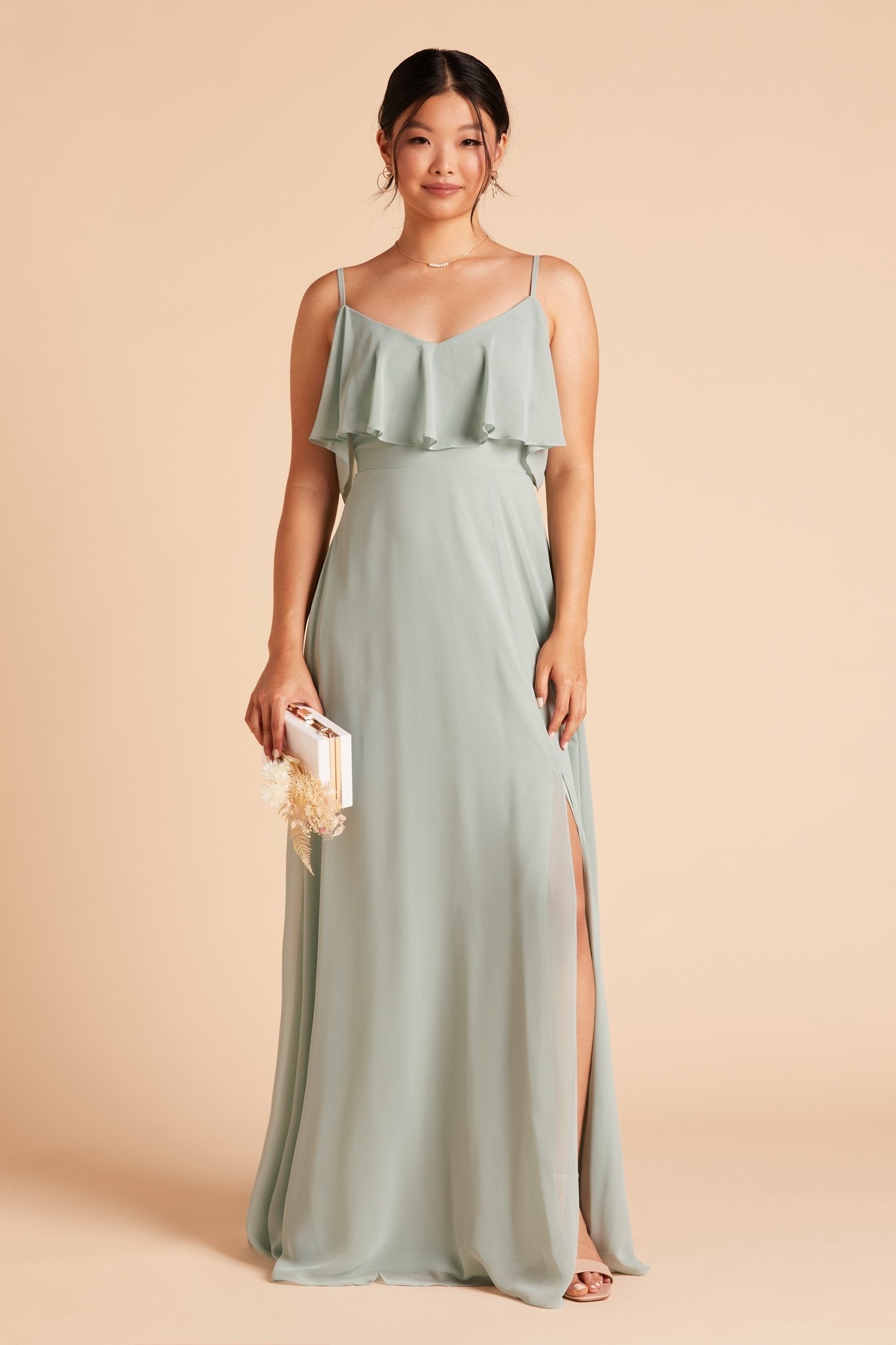 Jane convertible bridesmaid dress with slit in sage green chiffon by Birdy Grey, front view