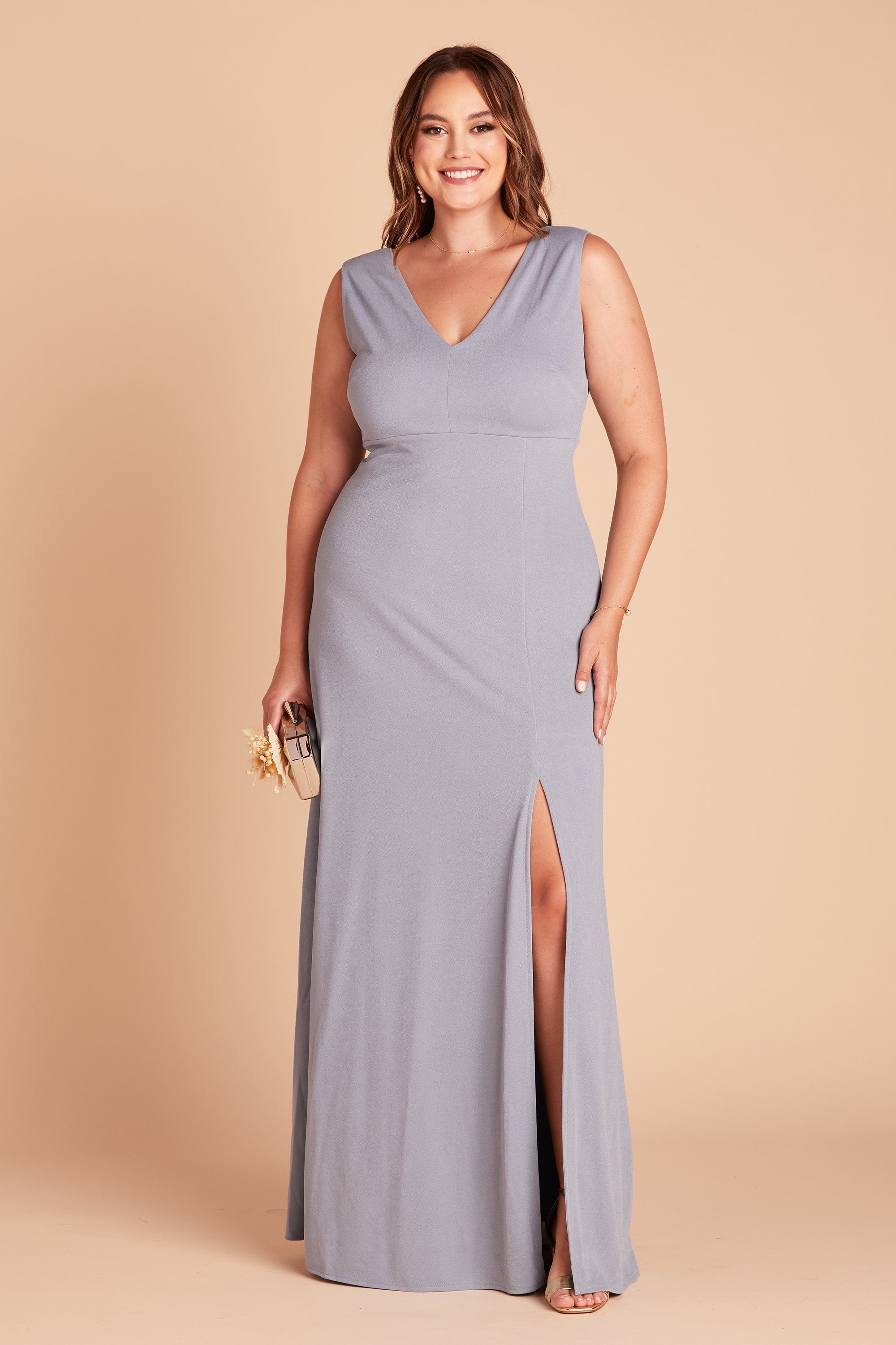 Shamin plus size bridesmaid dress with slit in dusty blue crepe by Birdy Grey, front view