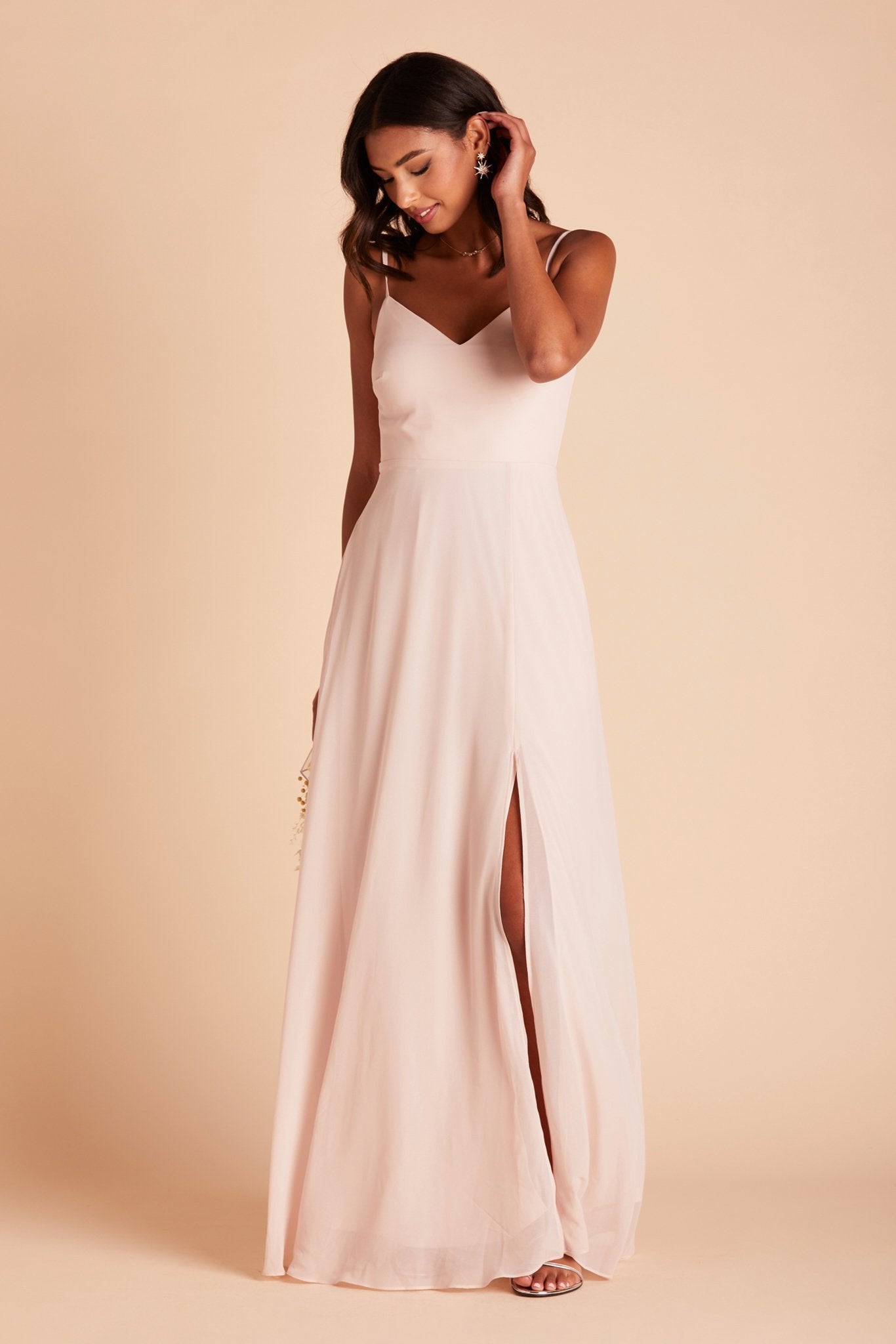 Devin convertible bridesmaids dress with slit in pale blush chiffon by Birdy Grey, front view