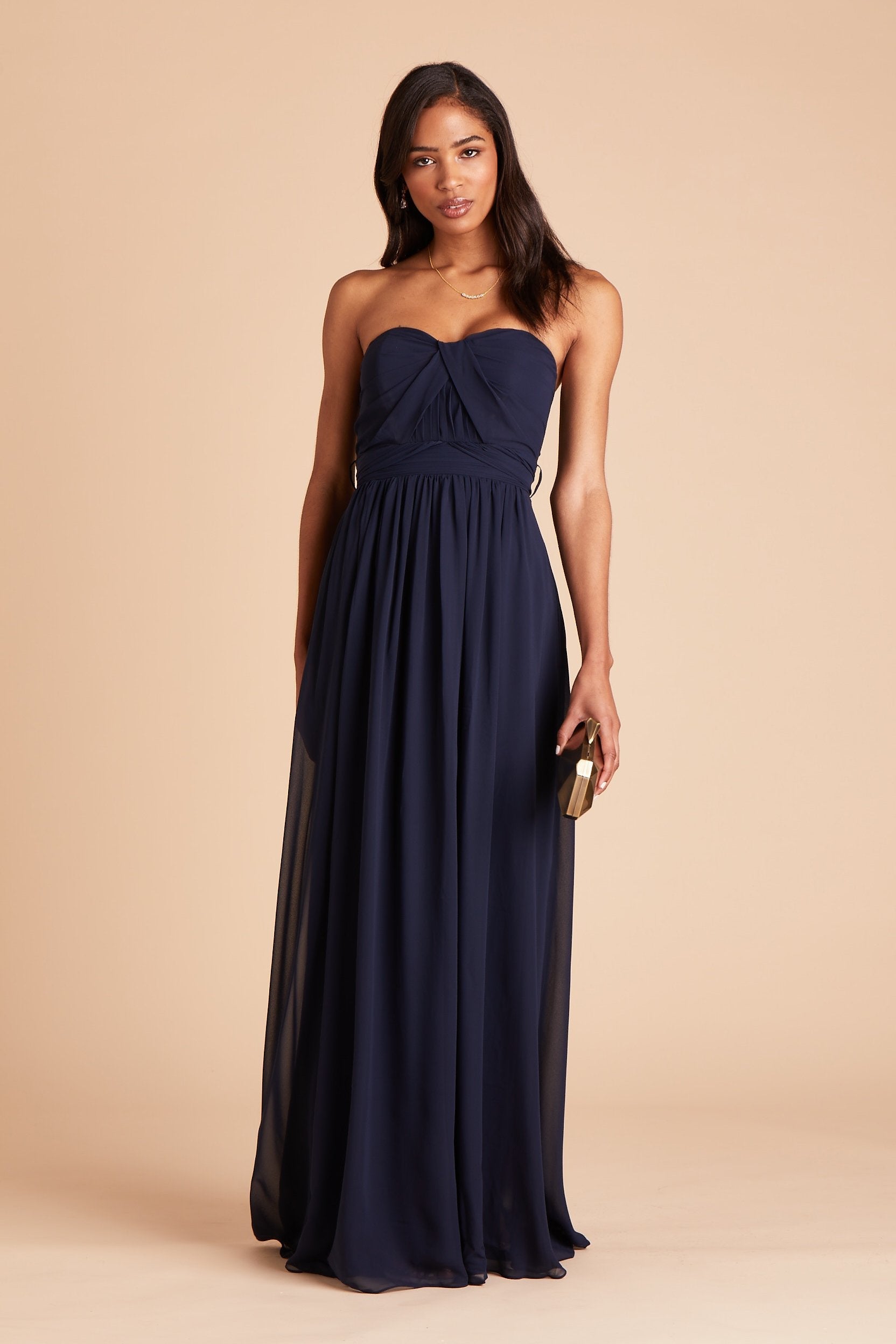 Grace convertible bridesmaid dress in navy blue chiffon by Birdy Grey, front view