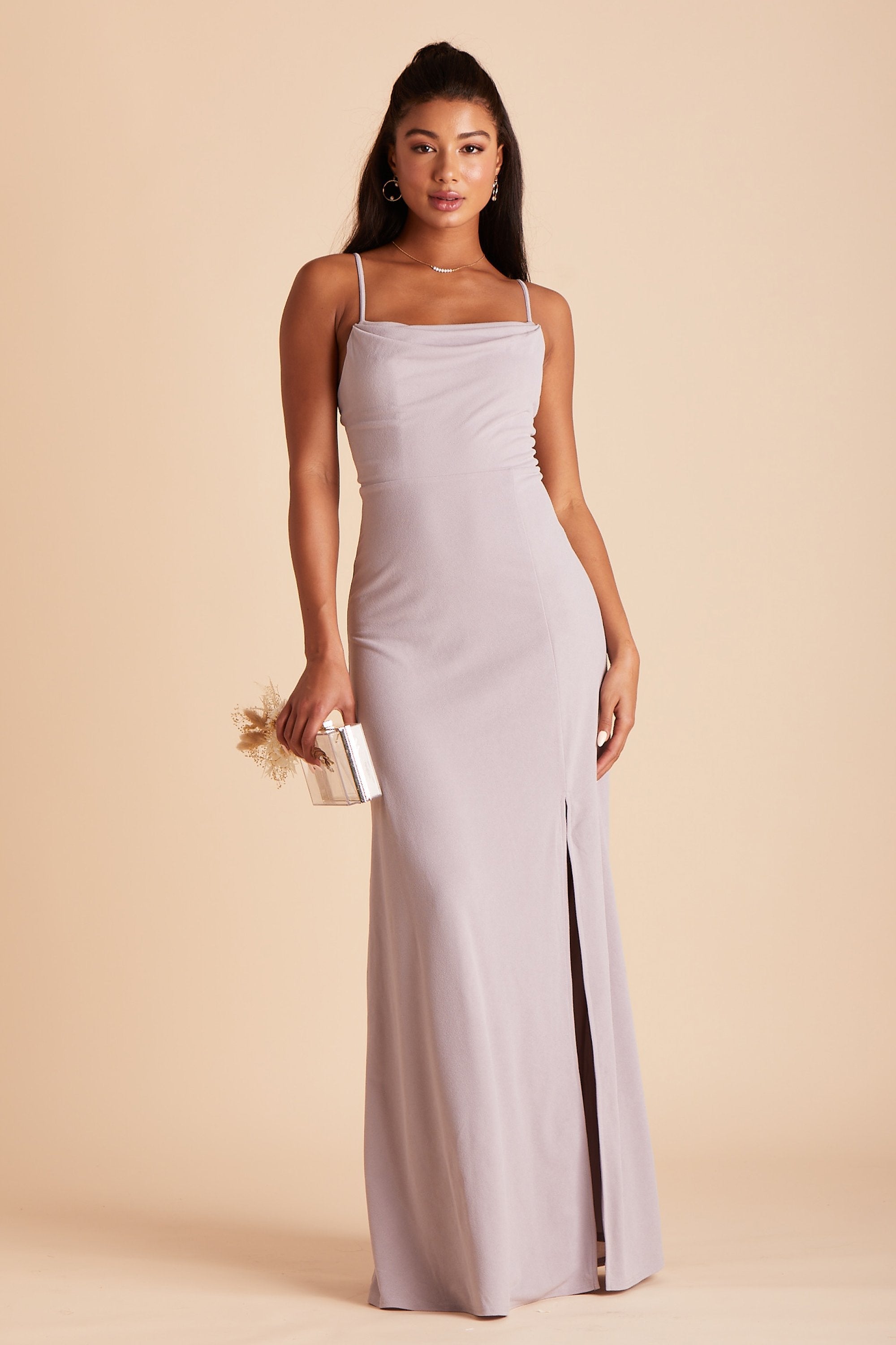 Ash bridesmaid dress with slit in lilac purple crepe by Birdy Grey, front view