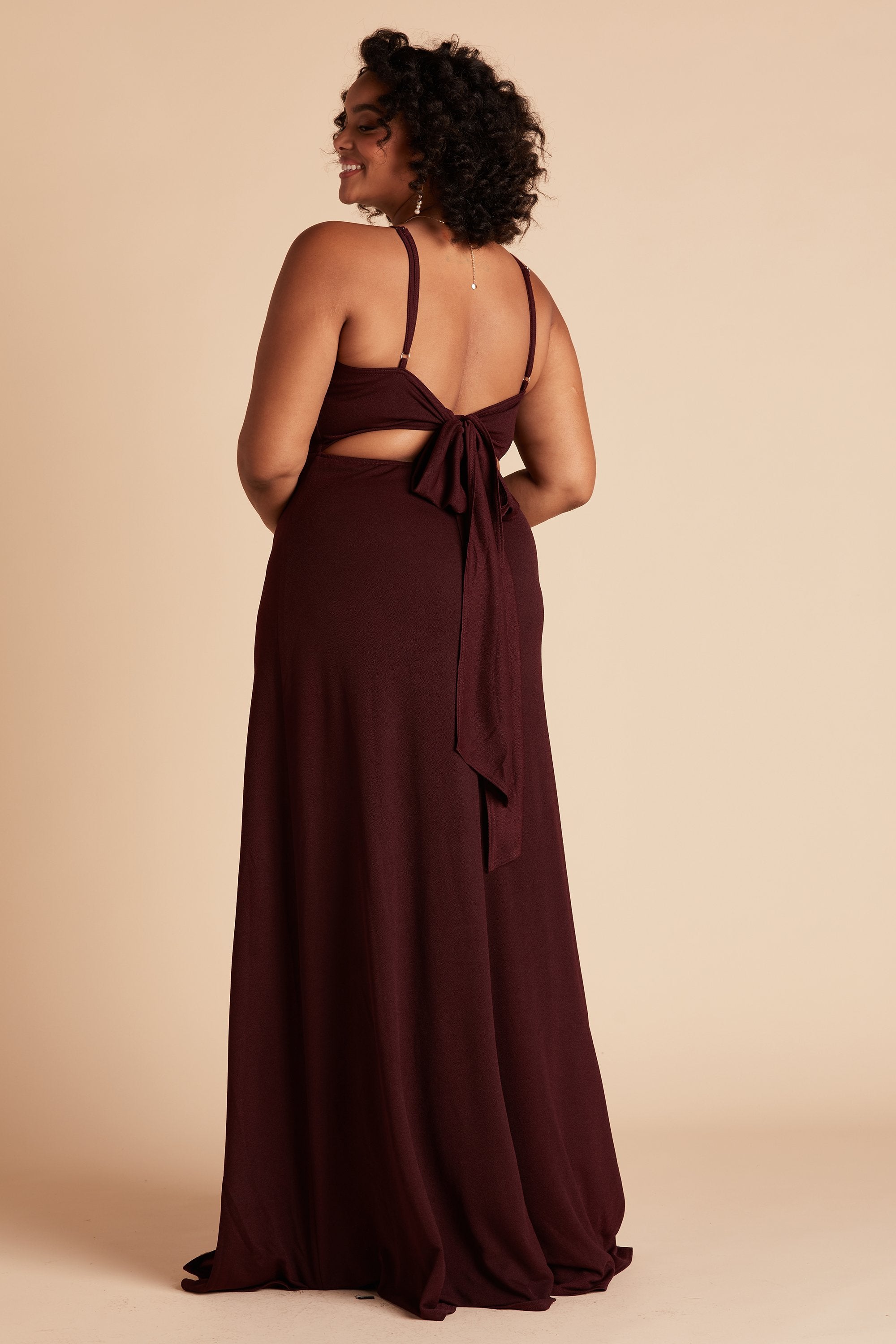 Benny plus size bridesmaid dress in cabernet burgundy crepe by Birdy Grey, back view