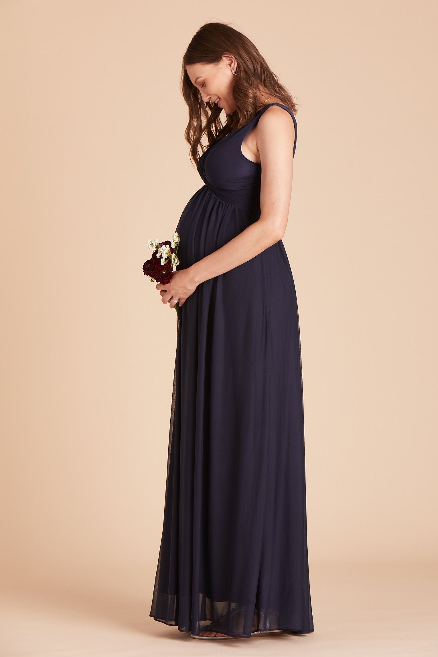 Lianna bridesmaid dress in navy blue chiffon by Birdy Grey, side view