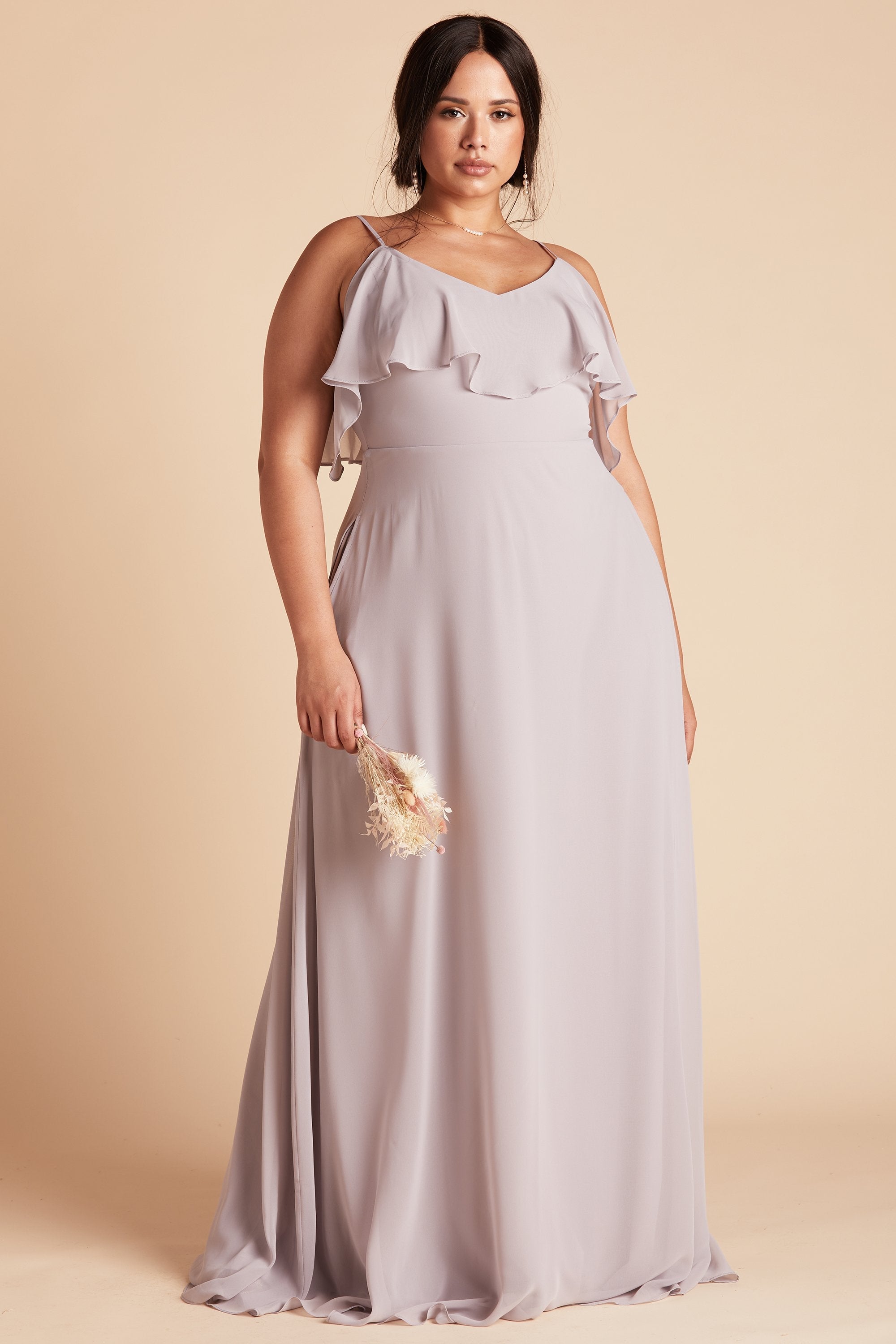 Jane convertible plus size bridesmaid dress in lilac purple chiffon by Birdy Grey, front view