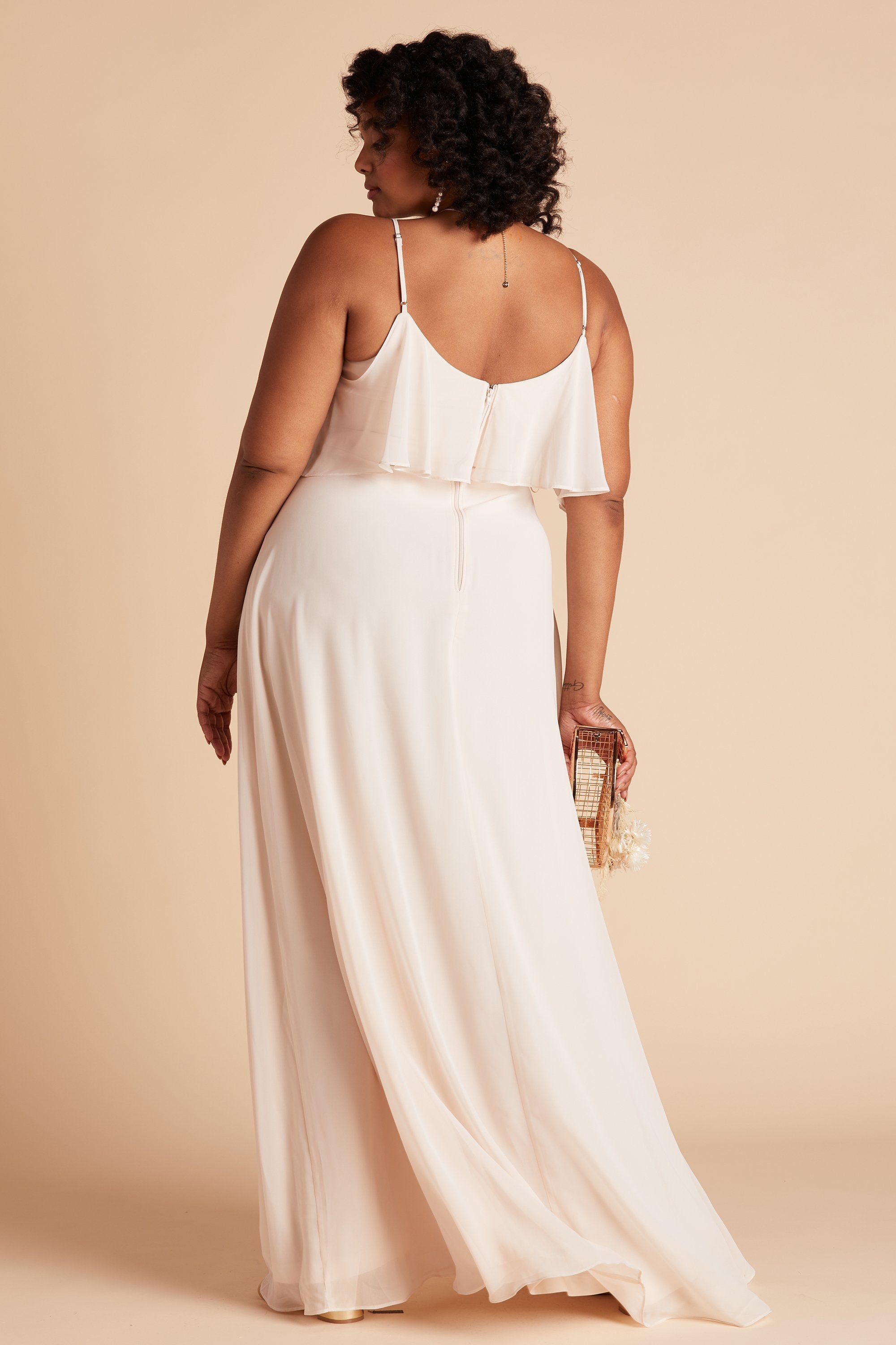 Jane convertible plus size bridesmaid dress in champagne chiffon by Birdy Grey, back view