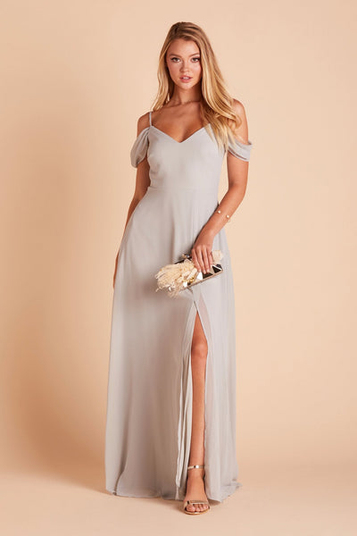 Devin convertible bridesmaid dress with slit in dove gray chiffon by Birdy Grey, front view