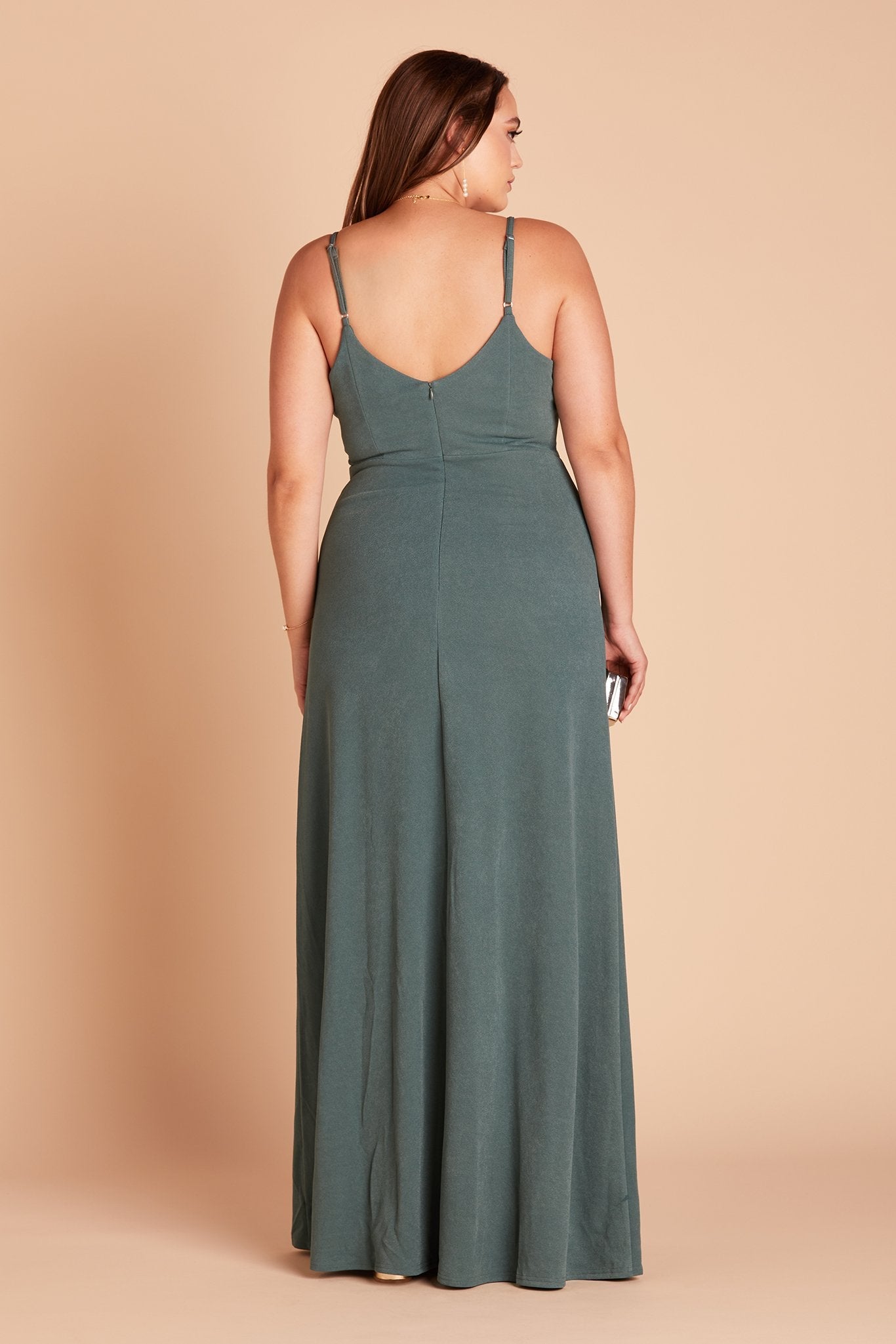 Jay plus size bridesmaid dress with slit in sea glass green crepe by Birdy Grey, back view