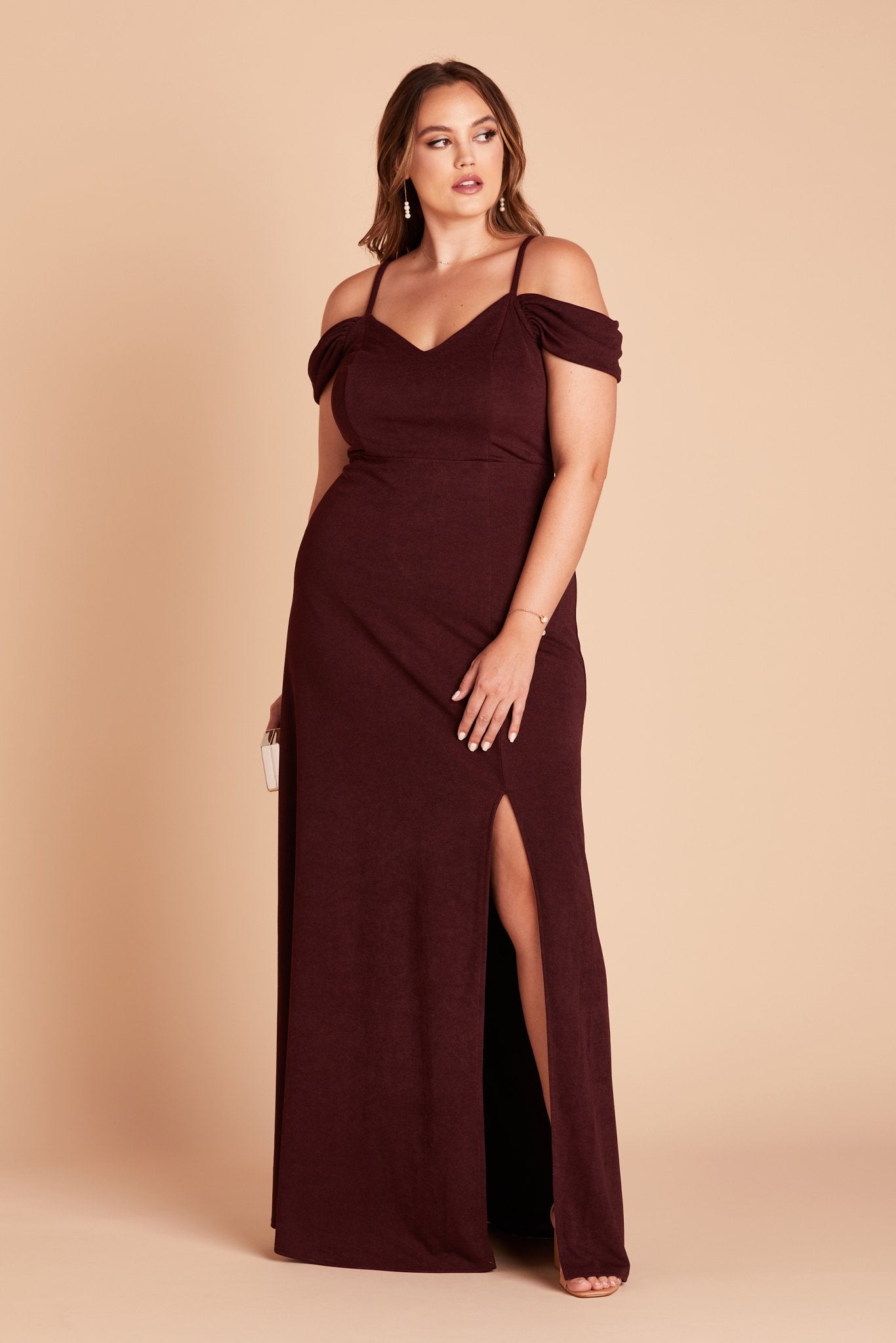 Dev plus size bridesmaid dress with slit in cabernet burgundy crepe by Birdy Grey, front view