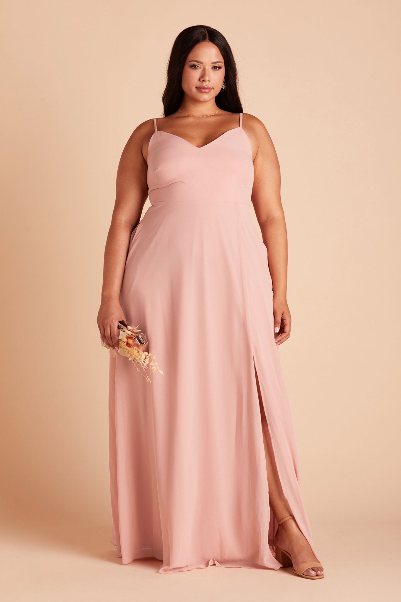 Devin convertible plus size bridesmaids dress with slit in dusty rose chiffon by Birdy Grey, front view