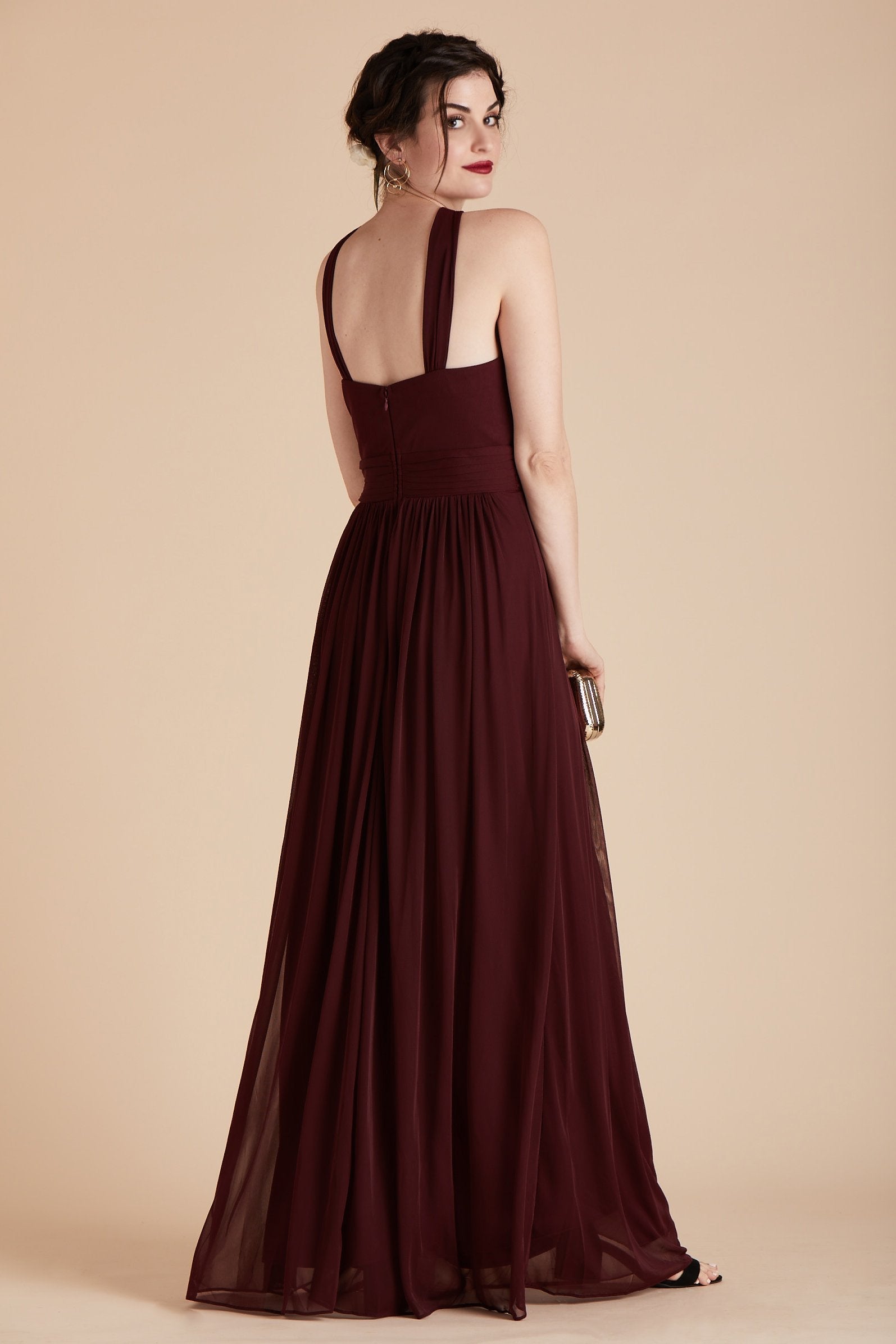 Kiko bridesmaid dress in cabernet burgundy chiffon by Birdy Grey, back view