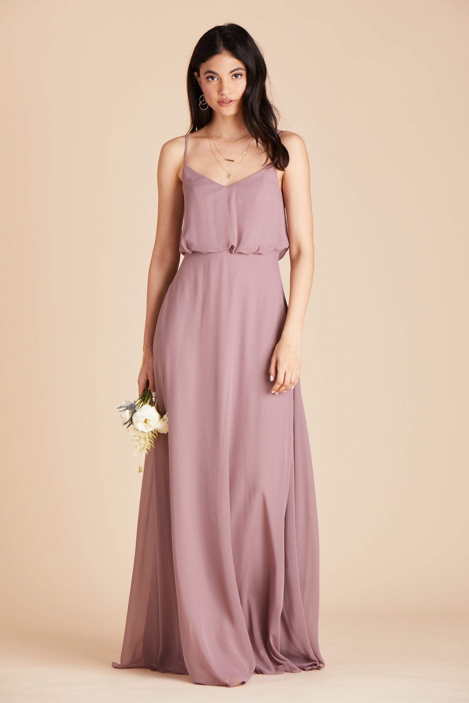 Gwennie bridesmaid dress with slit in dark mauve chiffon by Birdy Grey, front view