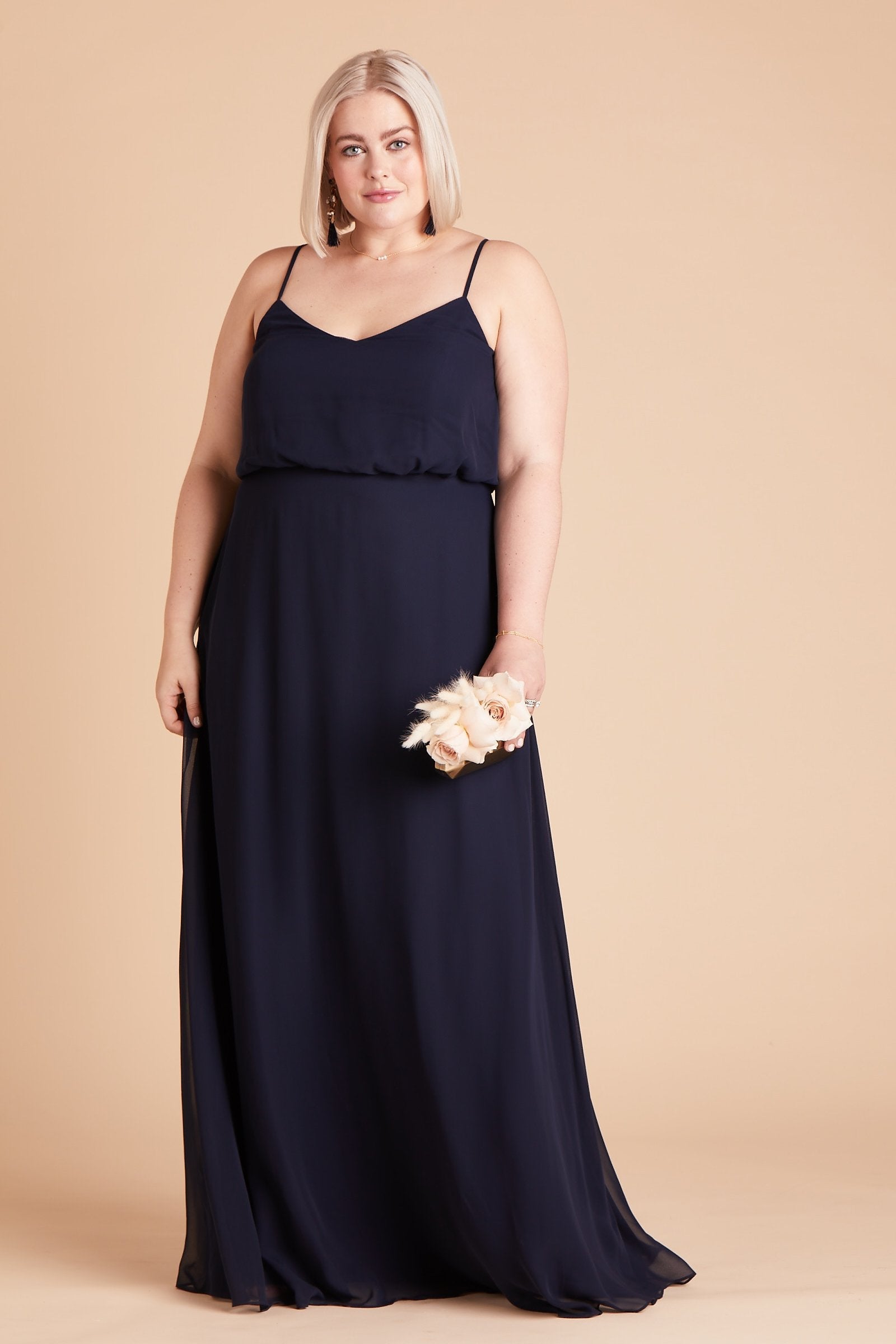 Gwennie plus size bridesmaid dress in navy blue chiffon by Birdy Grey, front view