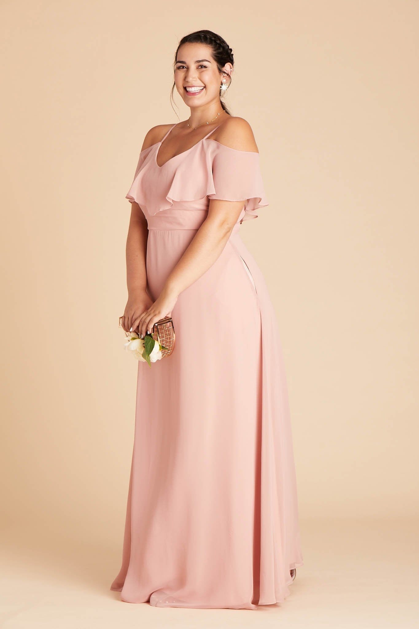 Jane convertible plus size bridesmaid dress in dusty rose chiffon by Birdy Grey, side view