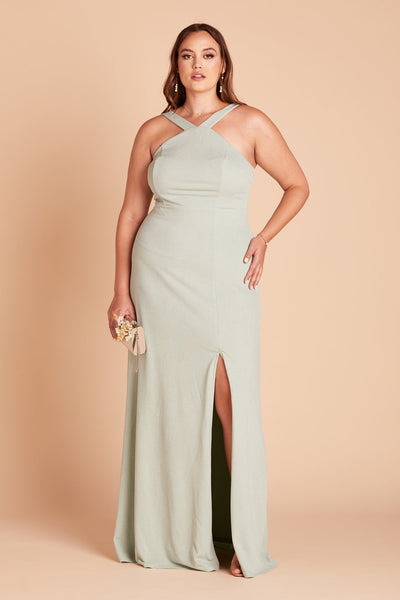 Gene plus size bridesmaid dress with slit in sage green crepe by Birdy Grey, front view