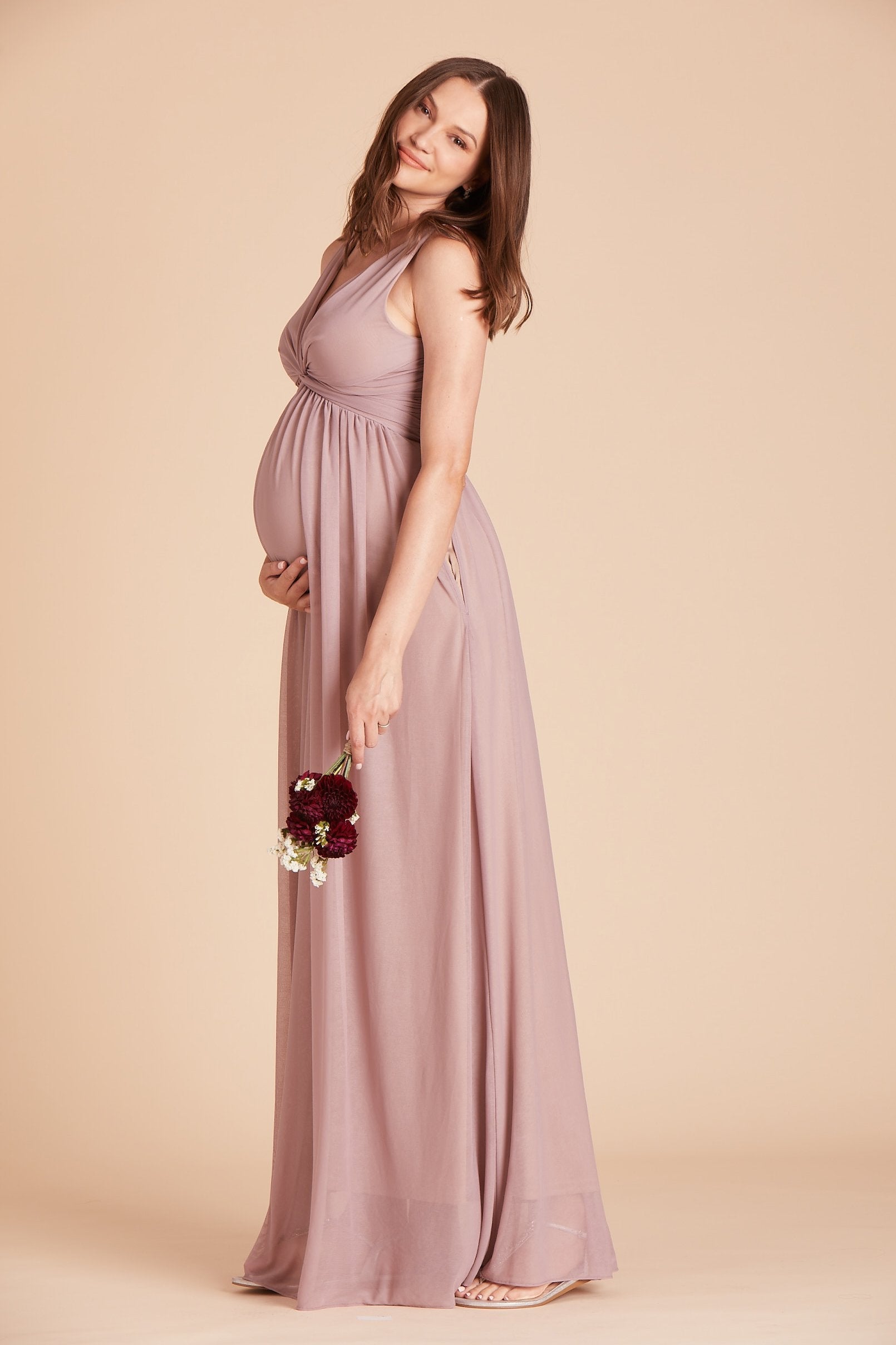 Lianna bridesmaid dress in mauve pink chiffon by Birdy Grey, side view