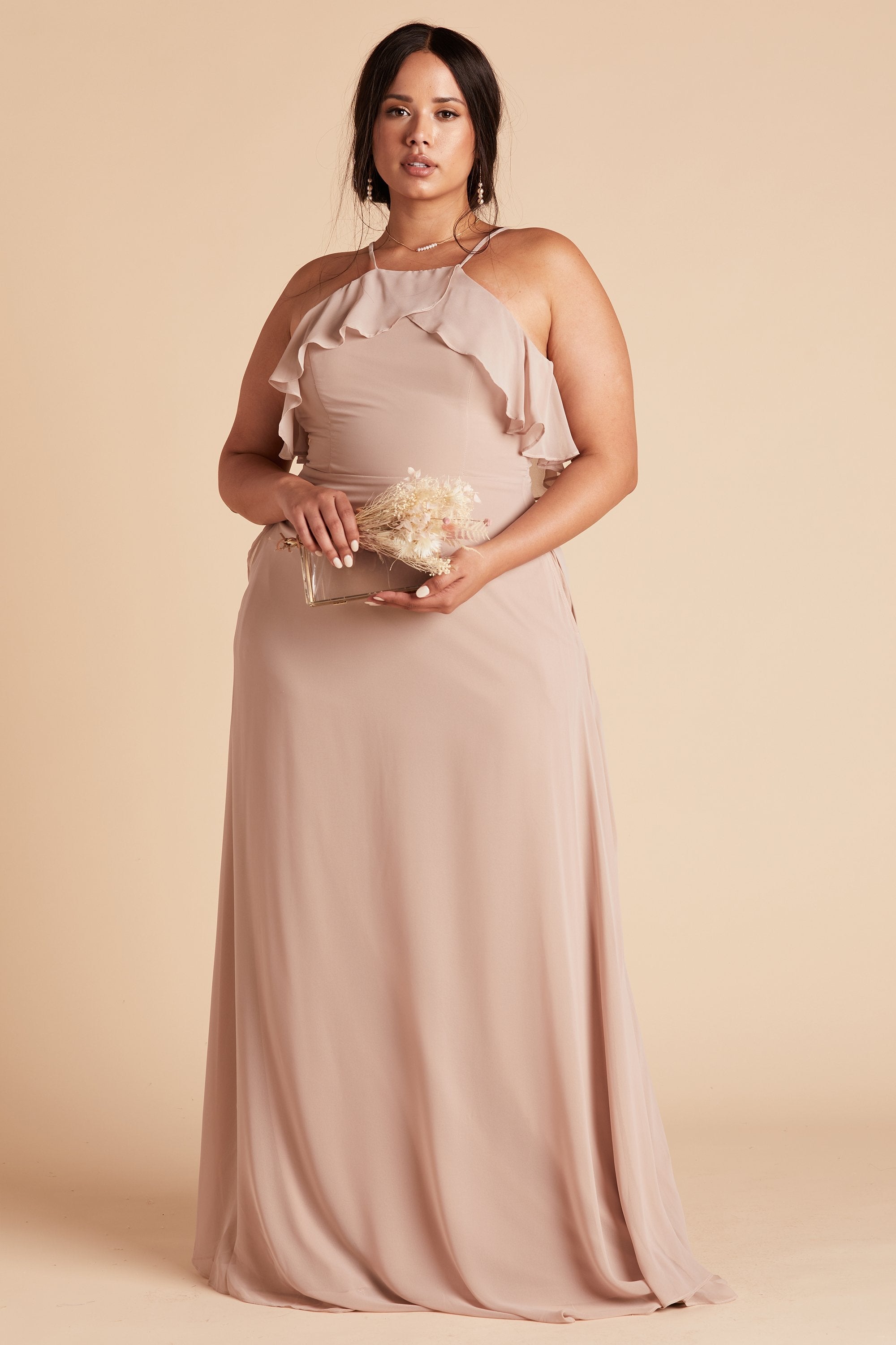 Jules plus size bridesmaid dress in taupe chiffon by Birdy Grey, front view