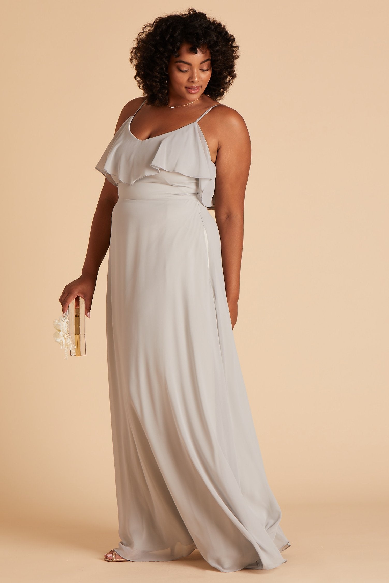 Jane convertible plus size bridesmaid dress in dove gray chiffon by Birdy Grey, side view