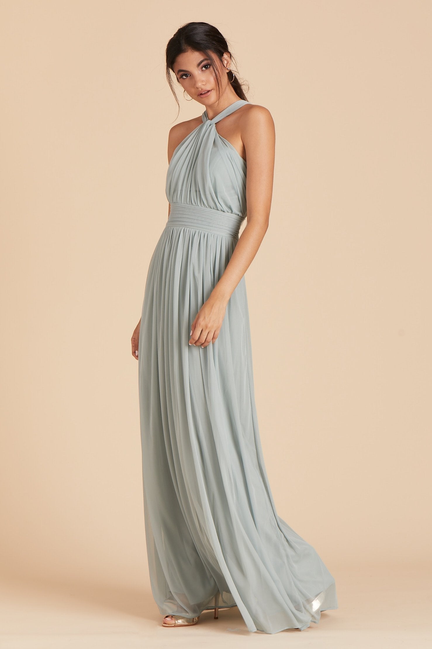 Kiko bridesmaid dress in sage green chiffon by Birdy Grey, side view