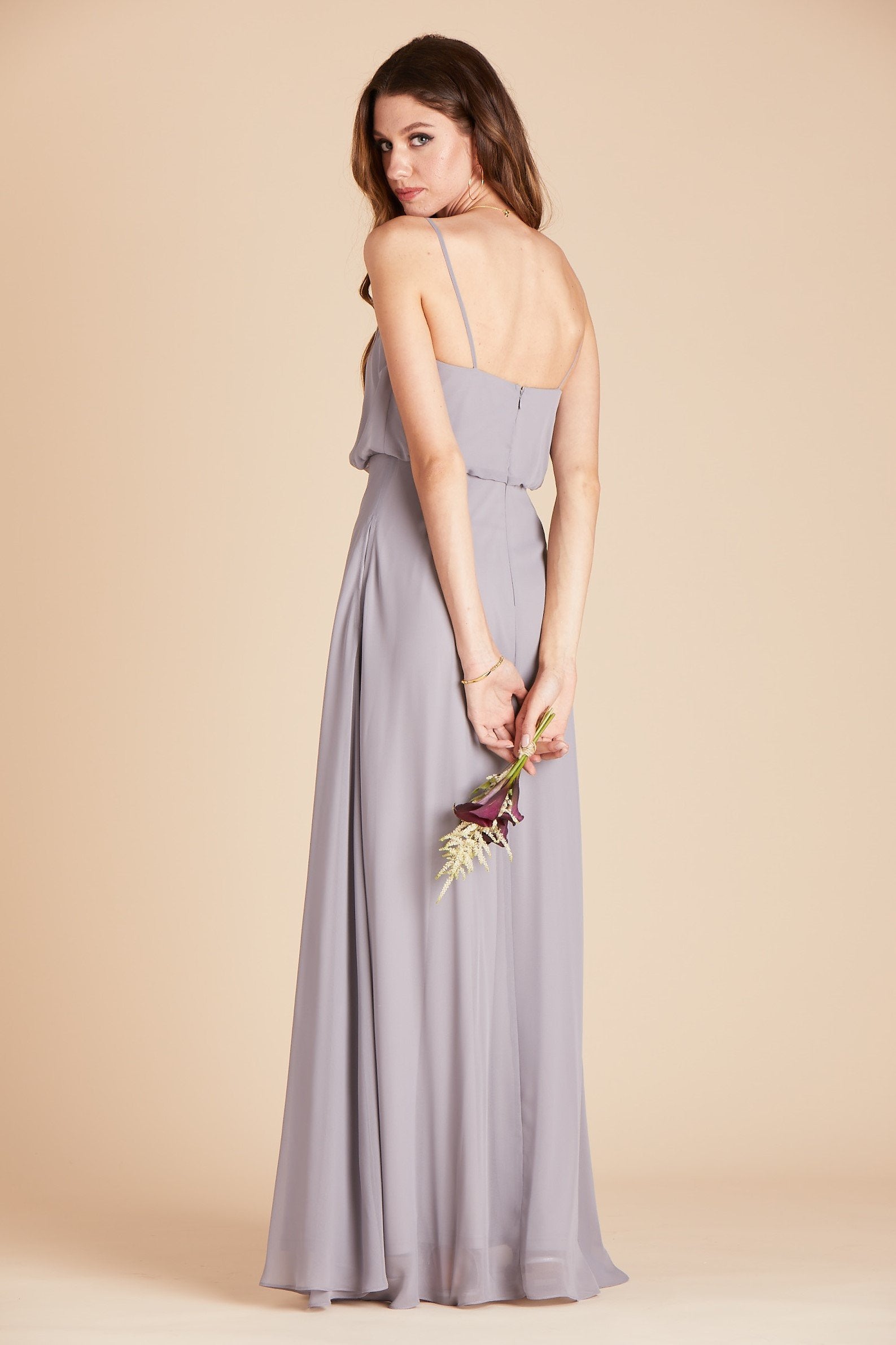 Gwennie bridesmaid dress in silver chiffon by Birdy Grey, side view