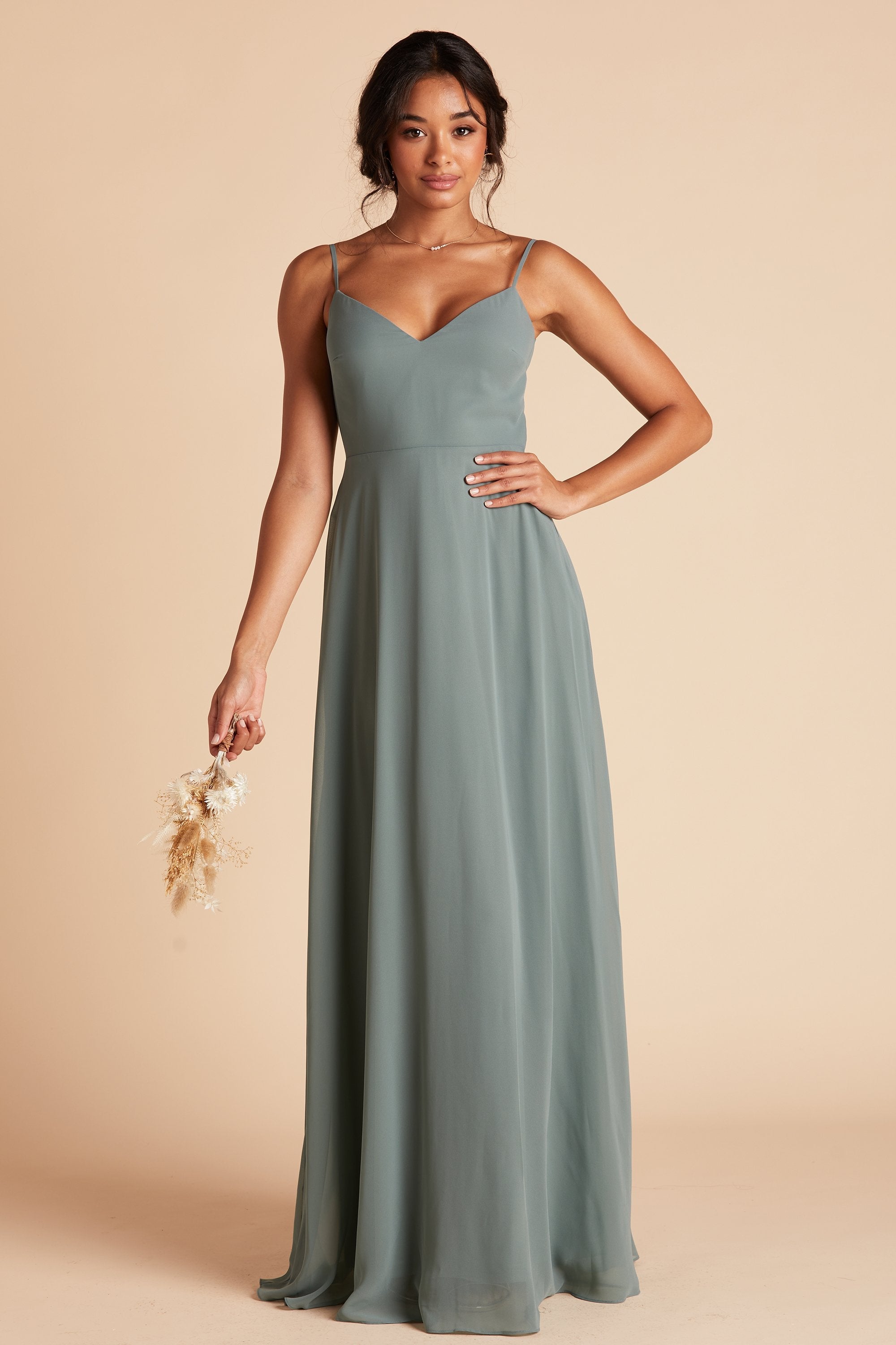 Devin convertible bridesmaids dress in sea glass green chiffon by Birdy Grey, front view