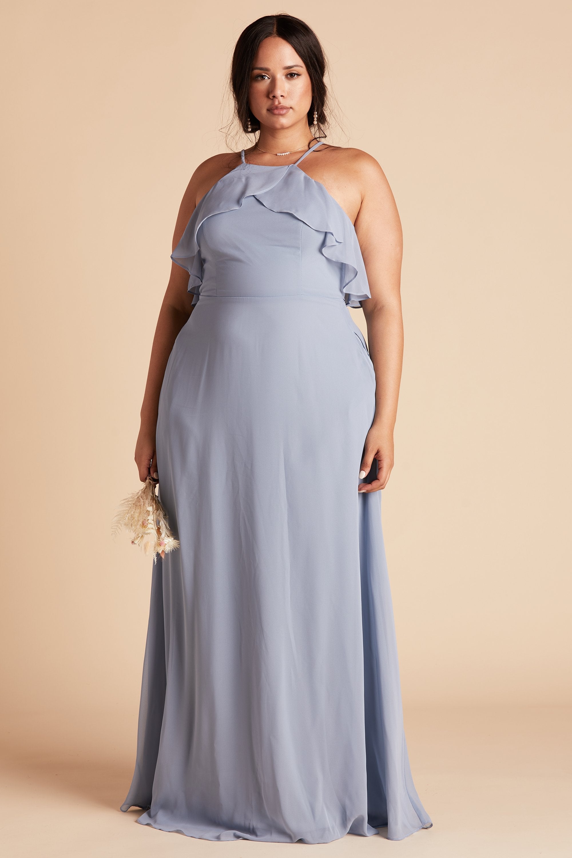 Jules plus size bridesmaid dress in dusty blue chiffon by Birdy Grey, front view